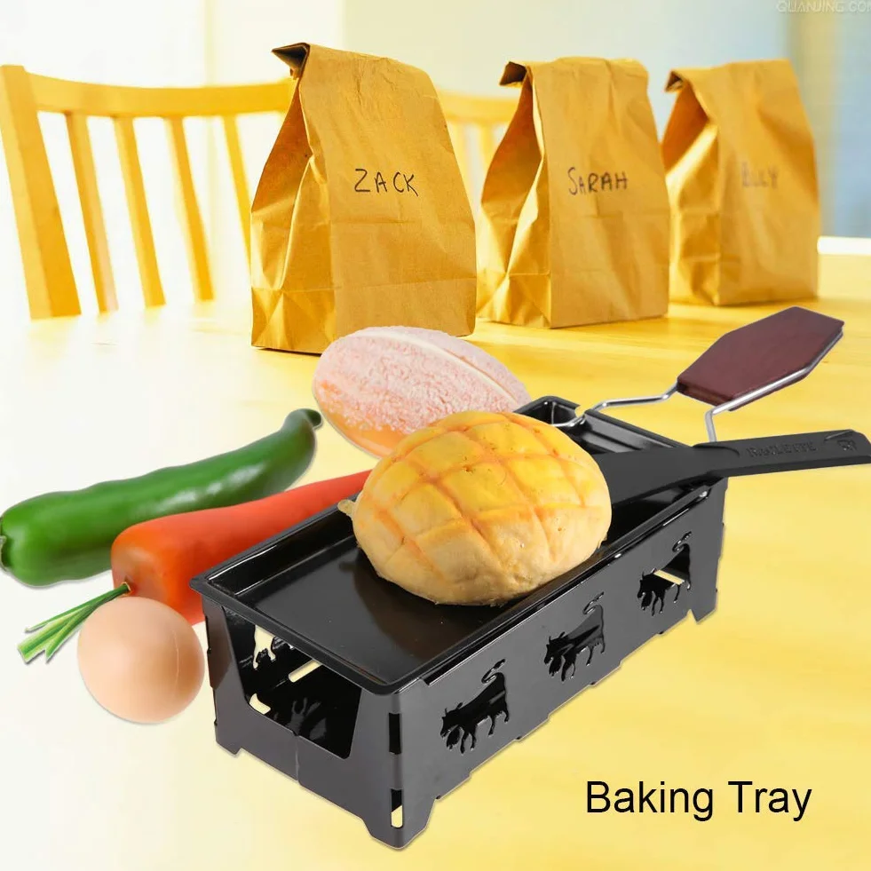 Mini Raclette Składany Tealight Raclette Nieprzywierający Rotaster Blacha do pieczenia Zestaw pieców Ze stali węglowej Domowy grill kuchenny Narzędzie z drewnianą rączką
