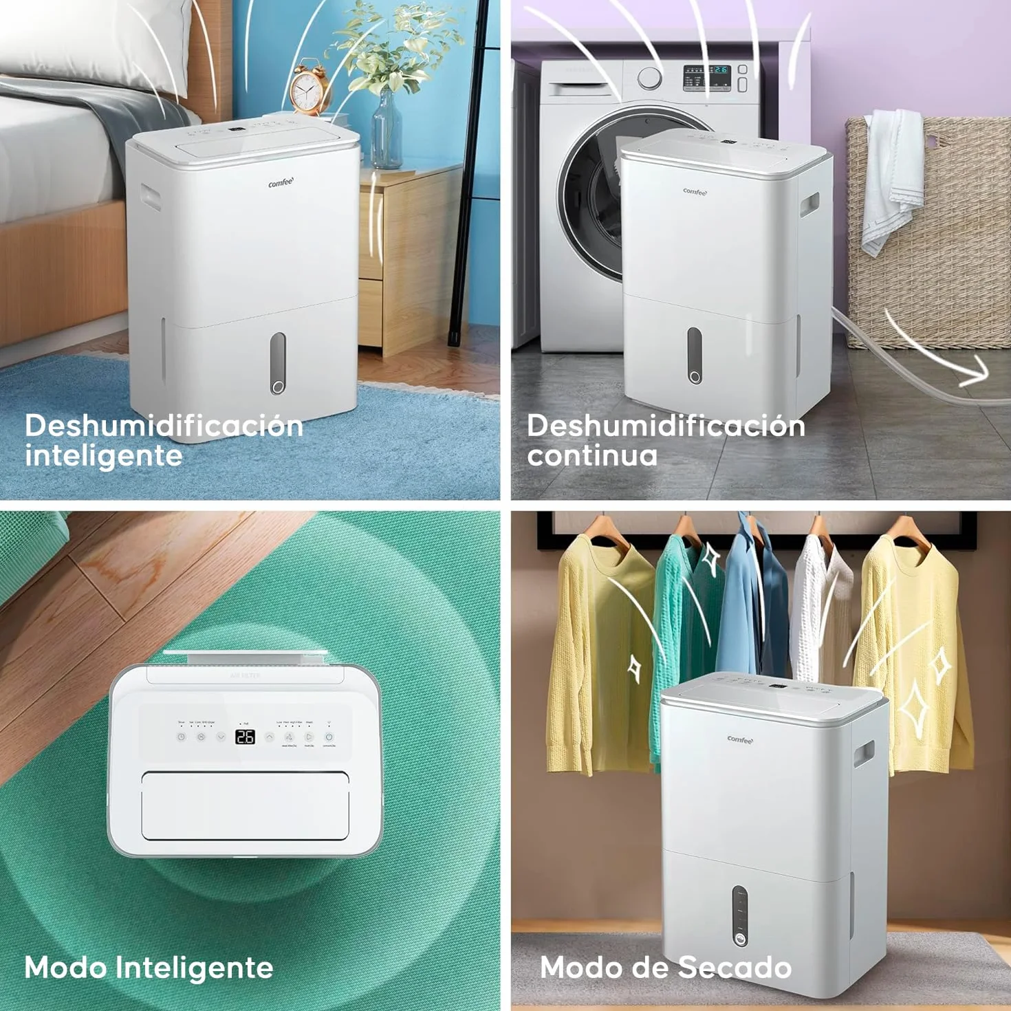 COMFEE Osuszacz powietrza Easy Dry 20 l/dzień, 4 tryby, nawilżacz powietrza podłączony, zbiornik 3 l, suszarka bębnowa, funkcja Swing, do pomieszczeń o powierzchni 40 ㎡/100 m³