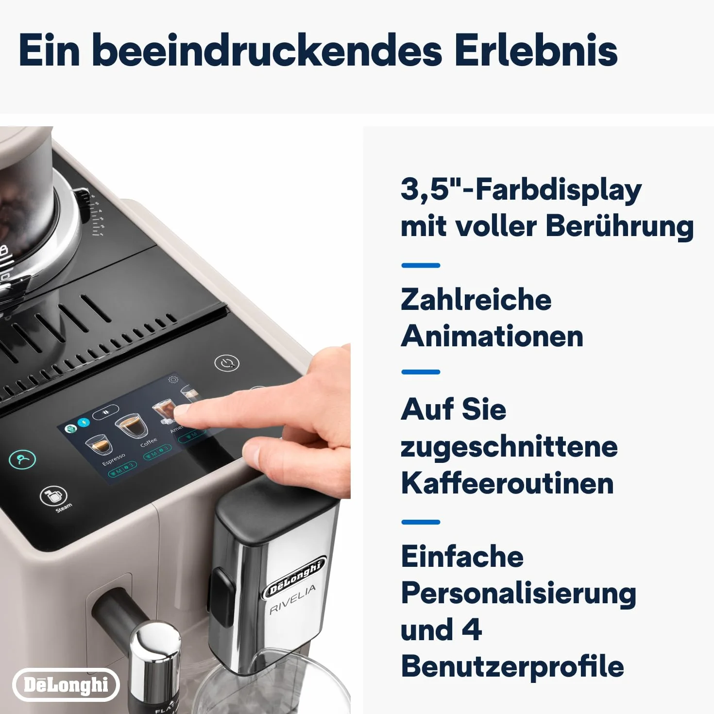 De'Longhi Rivelia EXAM440.35.BG, Superautomatyczny ekspres do kawy z ręcznym spieniaczem do mleka, kompaktowy rozmiar, 8 przepisów, kolorowy ekran dotykowy, beżowy piasek