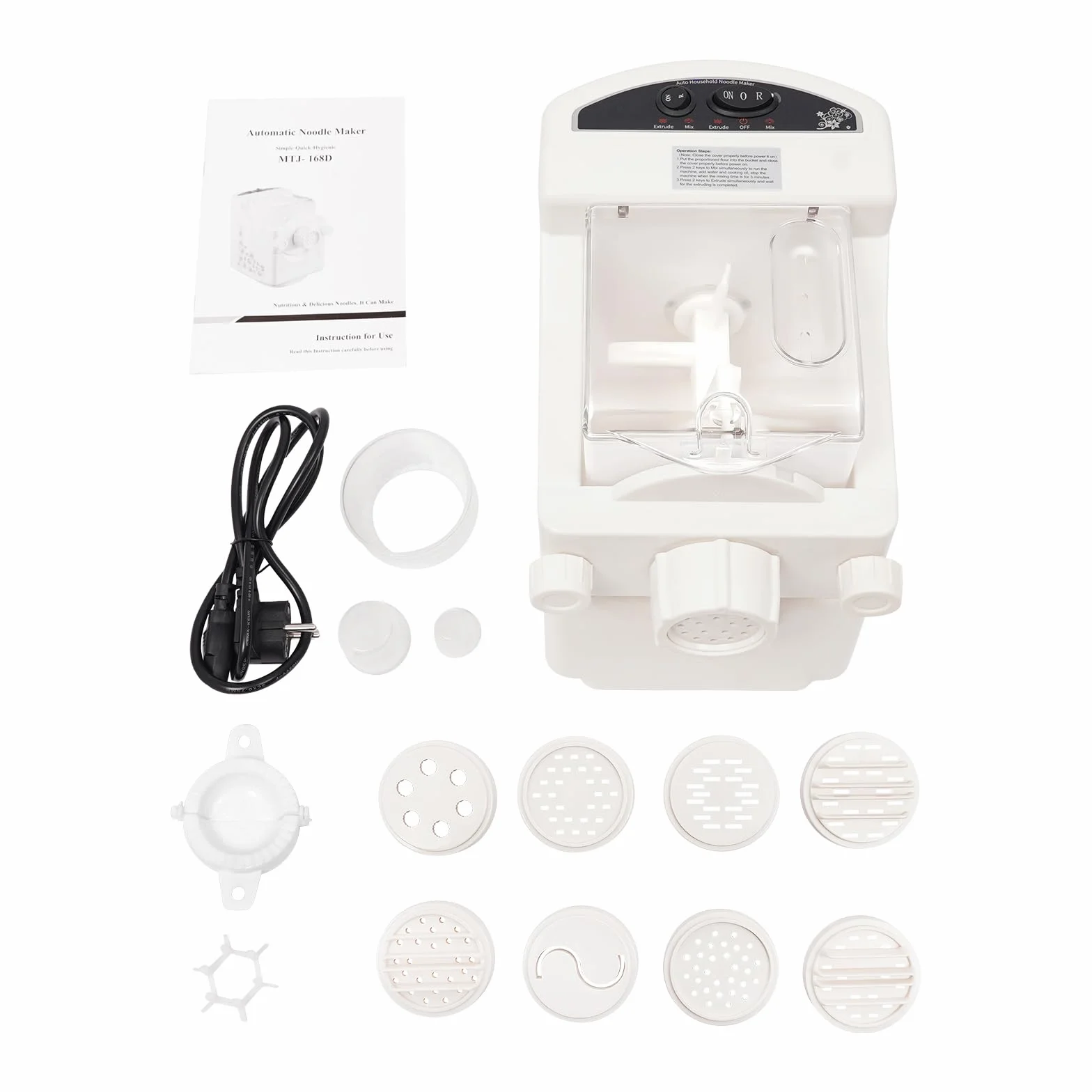 W pełni automatyczna elektryczna maszyna do makaronu, 33 x 20,5 x 28,5 cm, 9 głowic, prędkość 55-60 obr./min, pojemność 500 g, automatyczna maszyna do makaronu warzywnego