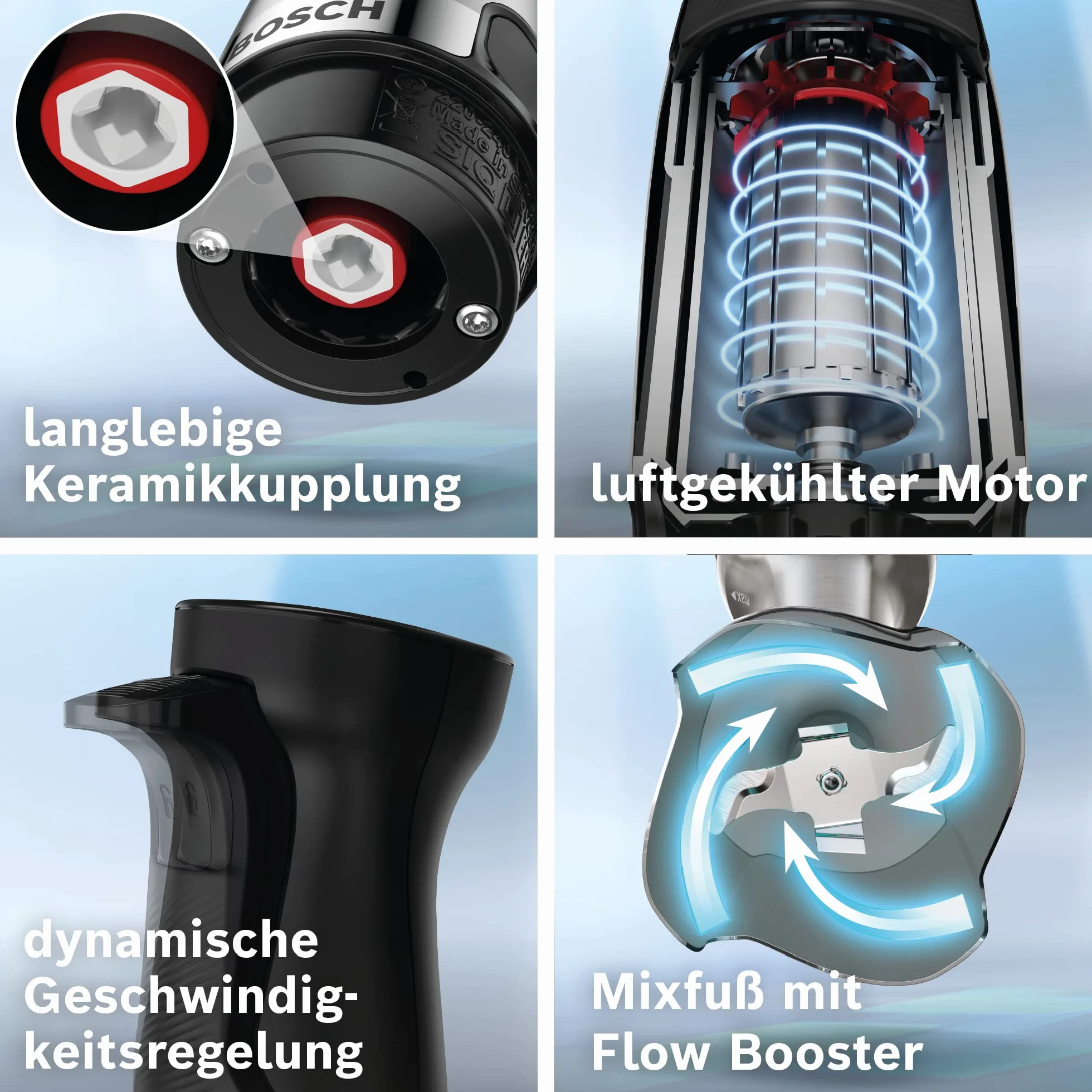 Bosch Blender Ręczny ErgoMaster Serie 6 MSM6M673, 1000 W, 4 Ostrza ze Stali Nierdzewnej, Wygodne sterowanie, Rozdrabniacz, Końcówka do Puree, Trzepaczka, Czarny/Srebrny