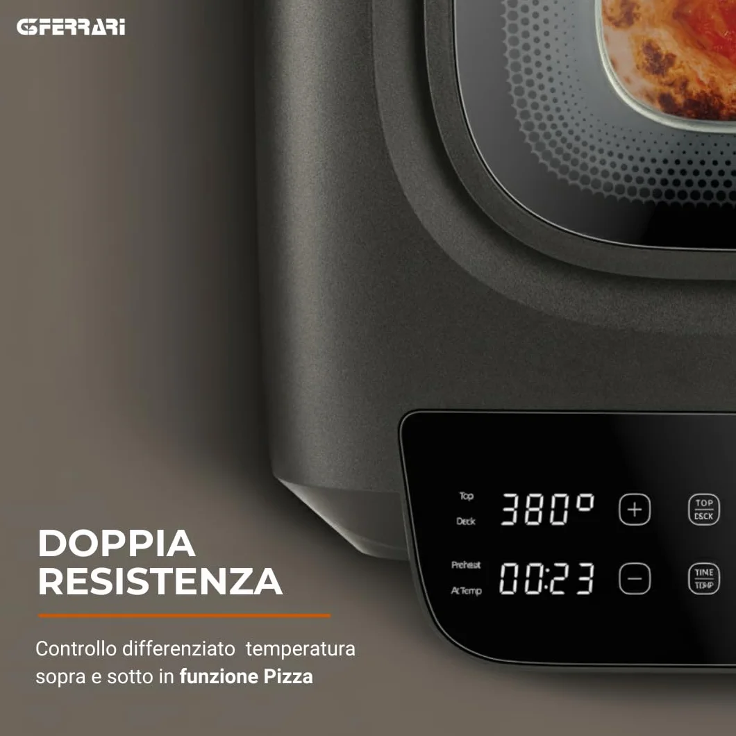 G3 Ferrari Krispy G10225 piec do pizzy i frytkownica beztłuszczowa, wielofunkcyjny, 2100 W, 13 l, technologia HOBLO, wyświetlacz Soft-Touch z 18 programami, do 380°C, akcesoria w zestawie, czarny