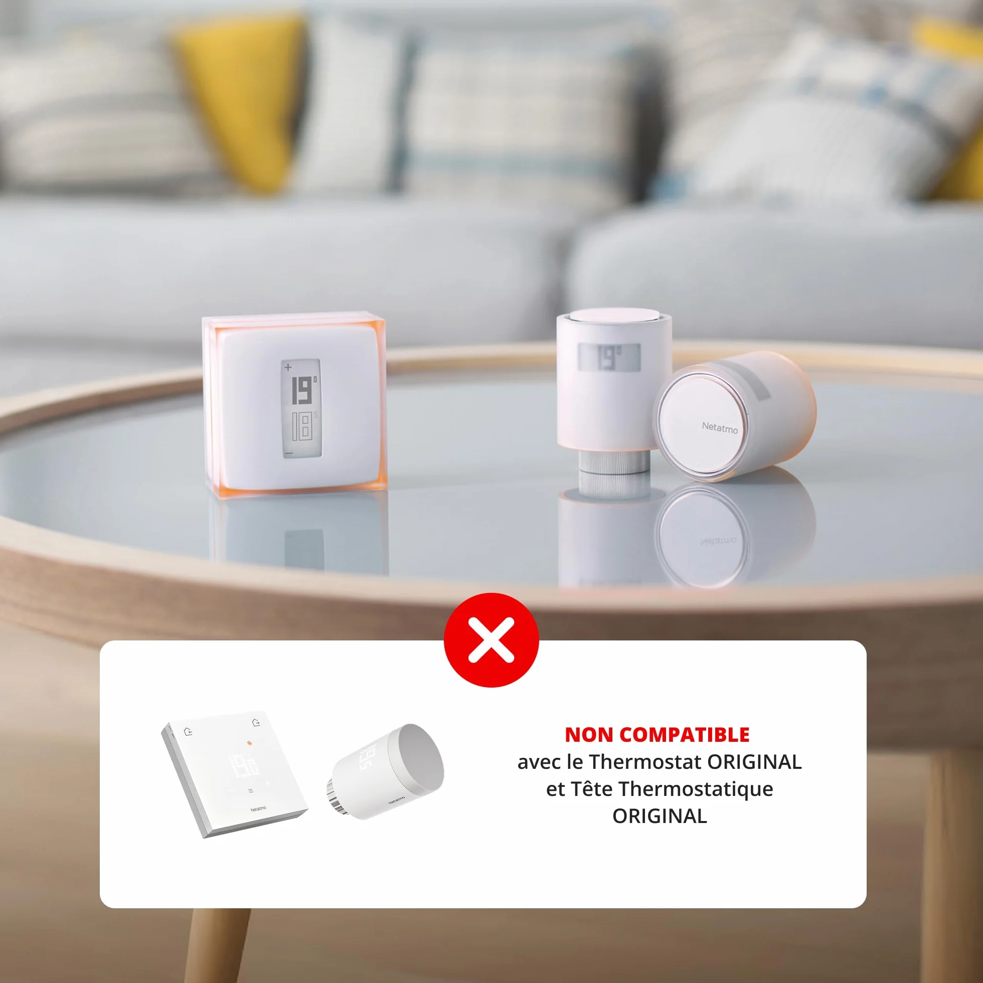 Inteligentny termostat Netatmo + 3 inteligentne głowice termostatyczne, WiFi, zdalne sterowanie za pośrednictwem aplikacji, kompatybilne z indywidualnym ogrzewaniem, NBU-NTH-Nav-EU.