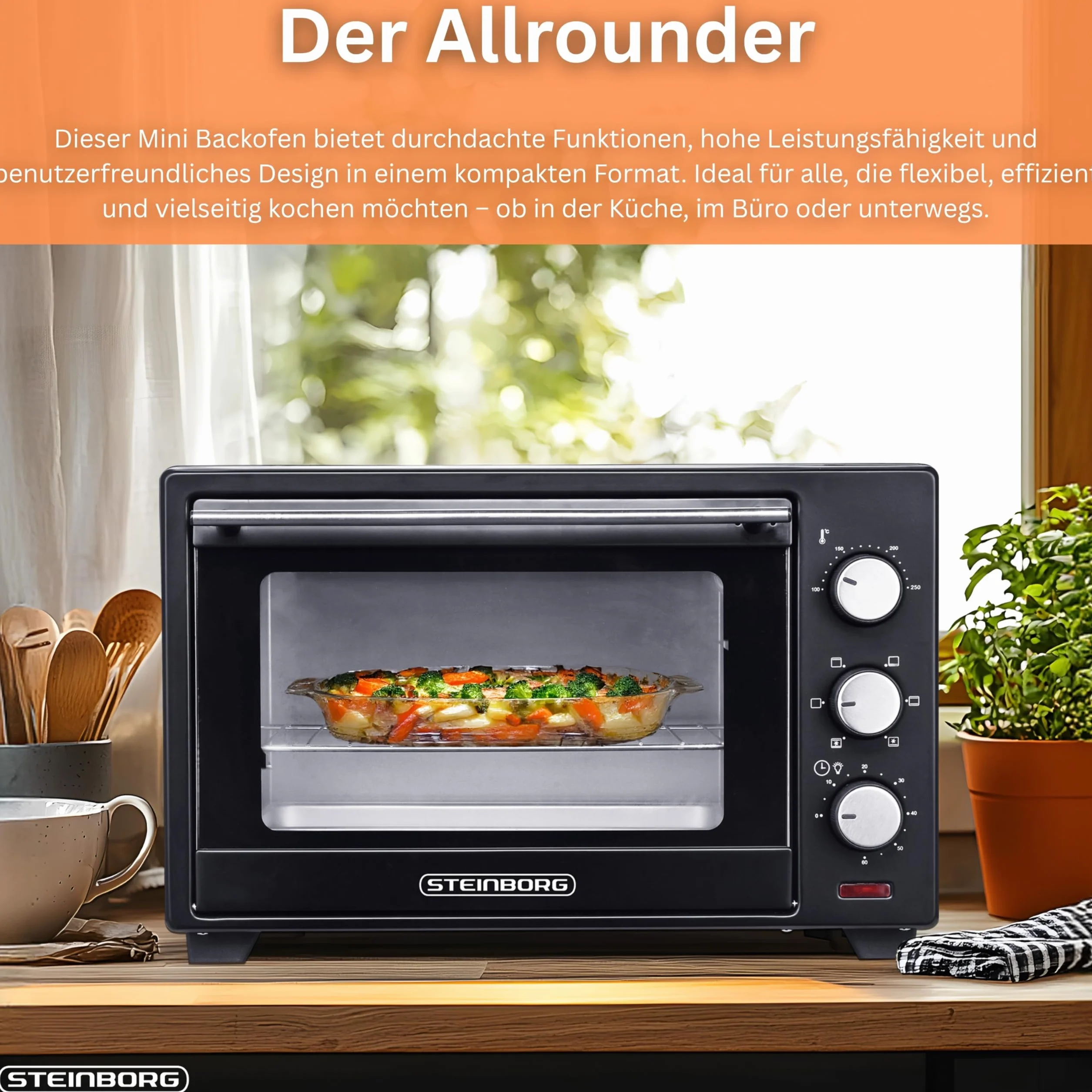 Steinborg Mini Piekarnik 25 Litrów - Piec Do Pizzy 3 w 1, Blacha Na Okruchy, Ogrzewanie Górne/Dolne, Konwekcja, Timer 60 Min, 1600 W, Czarny