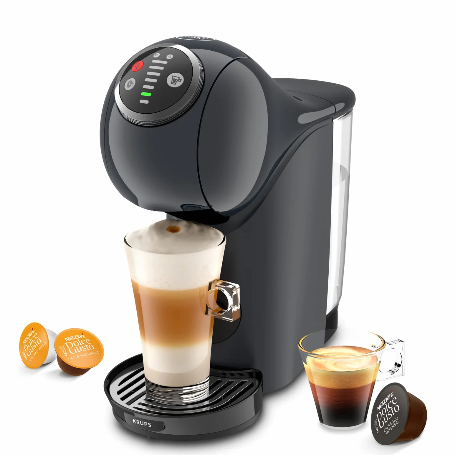 Krups KP340B NESCAFÉ Dolce Gusto Genio S Plus ekspres do kapsułek, espresso Boost, wybór temperatury, gorące i zimne napoje, ciśnienie pompy z 15 bar, zbiornik na wodę o pojemności 0,8 l, 1500 W, kolor Cosmic Grey