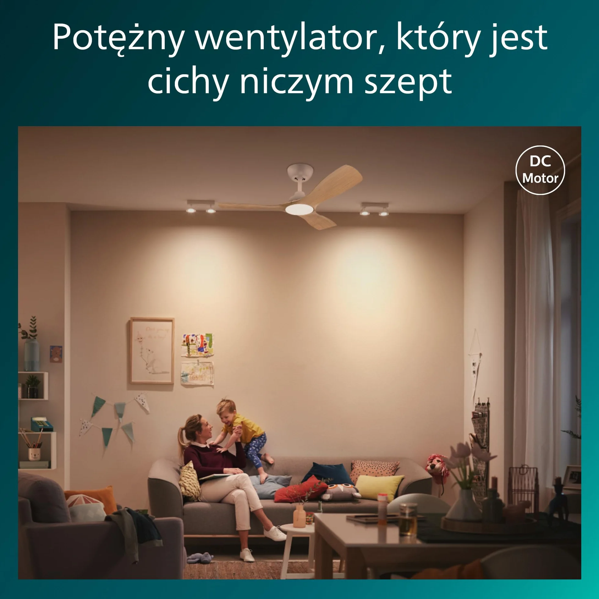 Wentylator sufitowy Philips Olas z 3 łopatkami, światłem LED 24W, silnikiem DC i funkcją regulacji temperatury barwowej (3000K-4300K-6500K) z możliwością przyciemniania, 42",biały, W zestawie pilot.