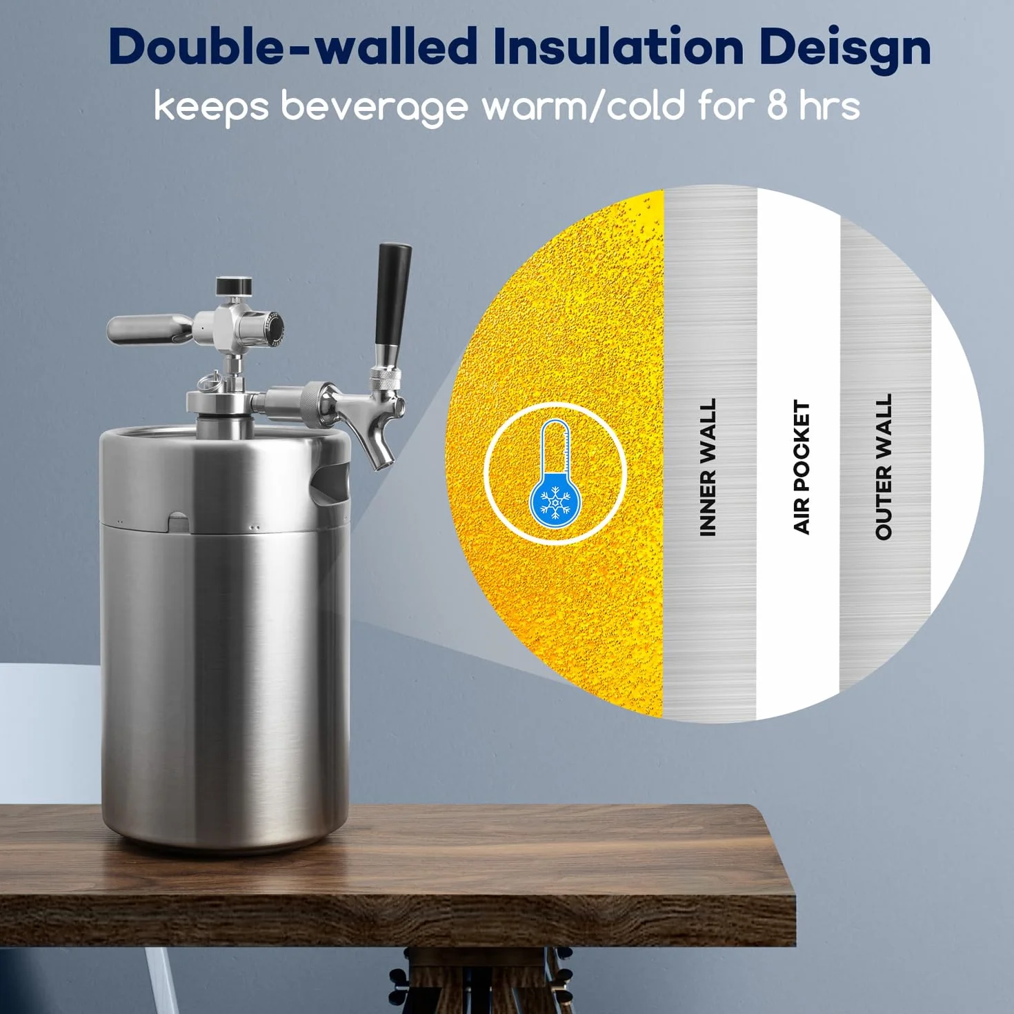 TMCRAFT Mini keg growler z podwójnymi ściankami, regulowany ciśnieniem, system dozowania piwa domowego ze zdejmowanym kranikiem i regulatorem, utrzymuje świeżość i węglowanie do piwa rzemieślniczego