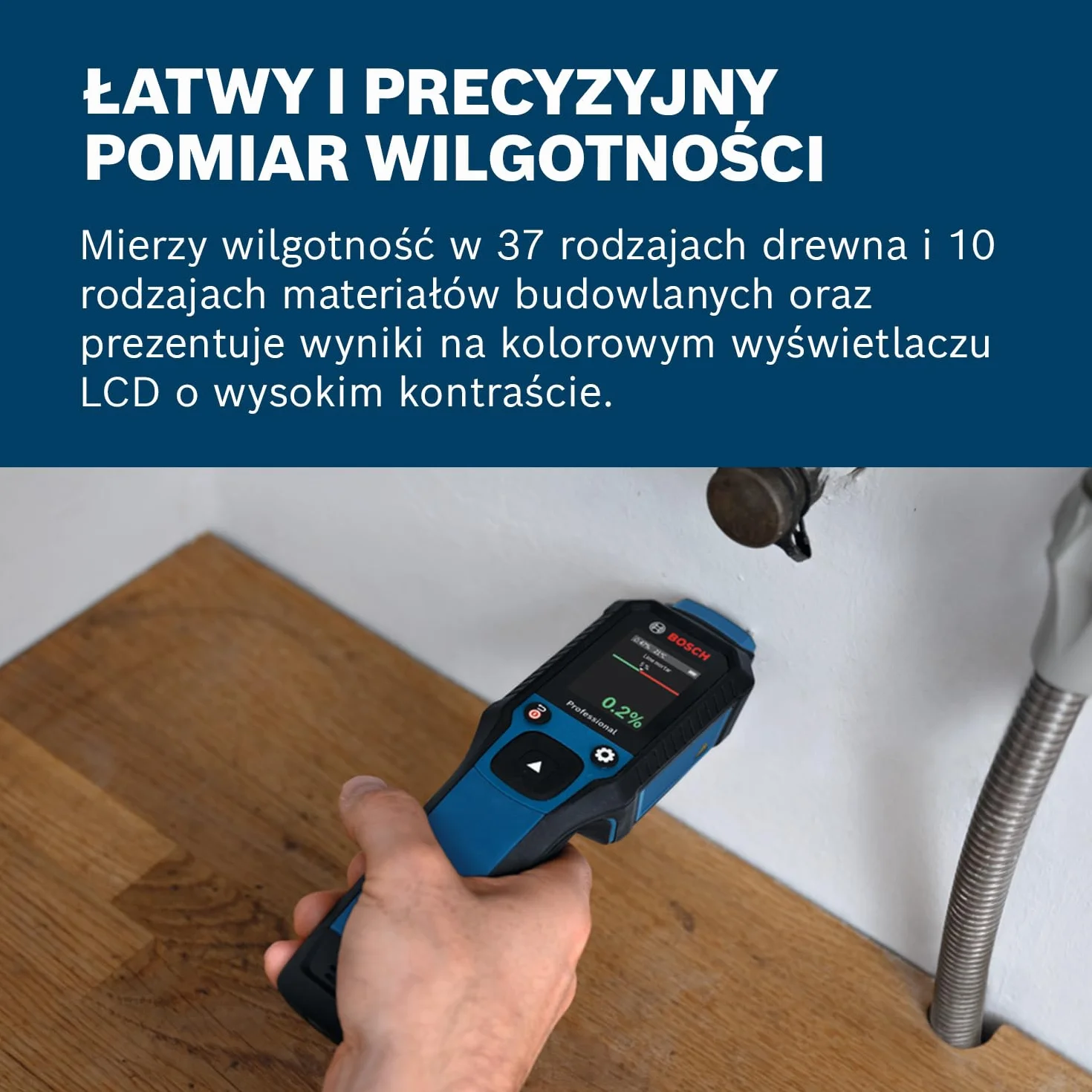 Bosch Professional Wilgotnościomierz GMP 2-15 z pinami (mierzy 37 rodzajów drewna i 10 rodzajów materiałów budowlanych, zintegrowany termohigrometr, stopień ochrony IP65, 2 baterie AA, pokrowiec)