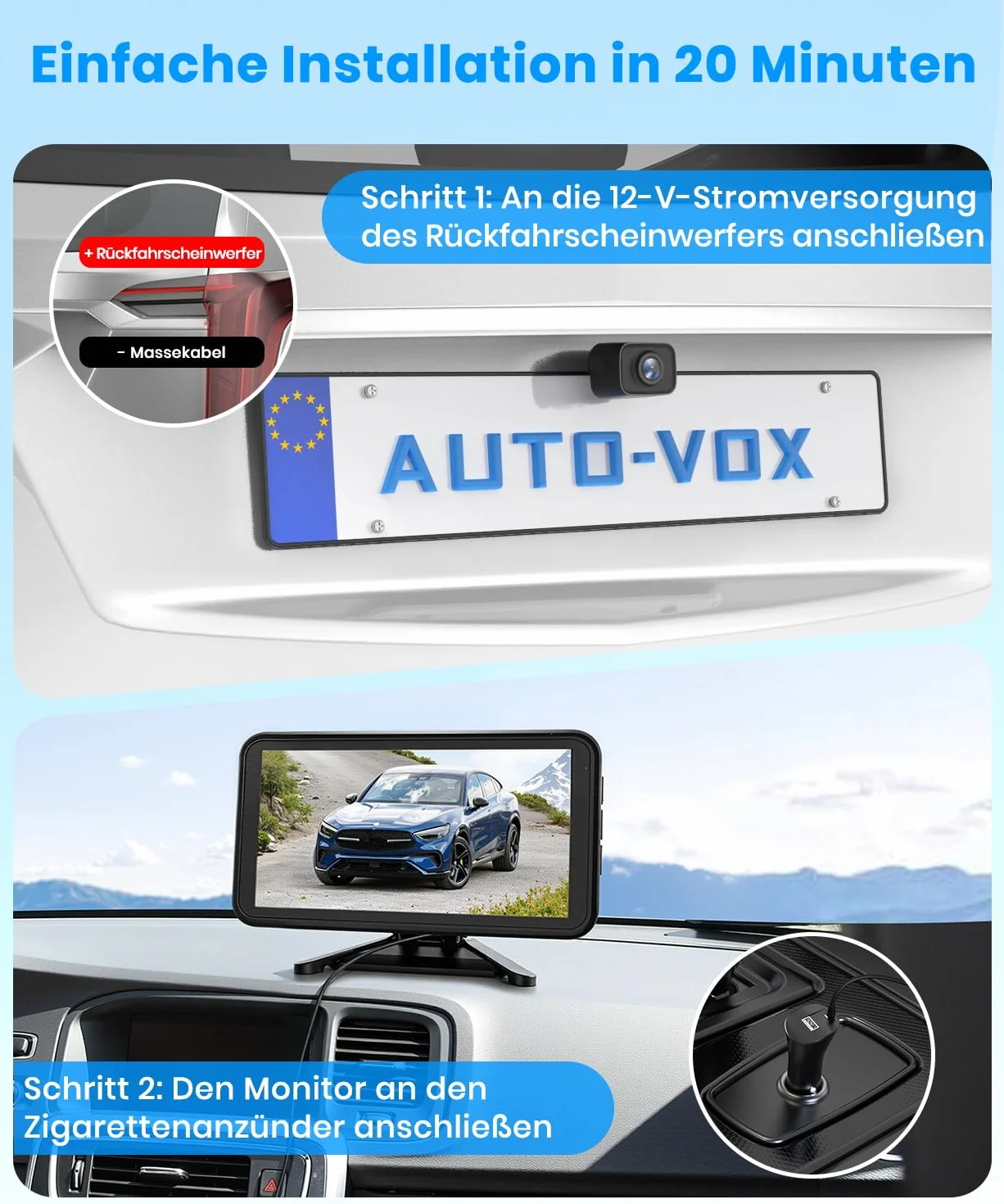 AUTO-VOX Bezprzewodowa kamera cofania: 5-calowy monitor 1080p, dwukanałowy, instalacja 30 minut, stabilna cyfrowa transmisja radiowa, wodoodporność IP69K i noktowizor, do SUV-a, ciężarówki, samochodu