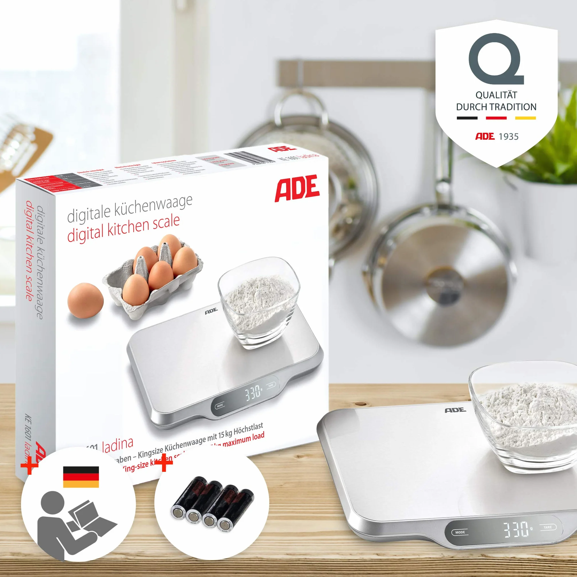 ADE Ladina cyfrowa waga kuchenna 15 kg stal nierdzewna srebrna szara 31 x 26,5 x 2,5 cm