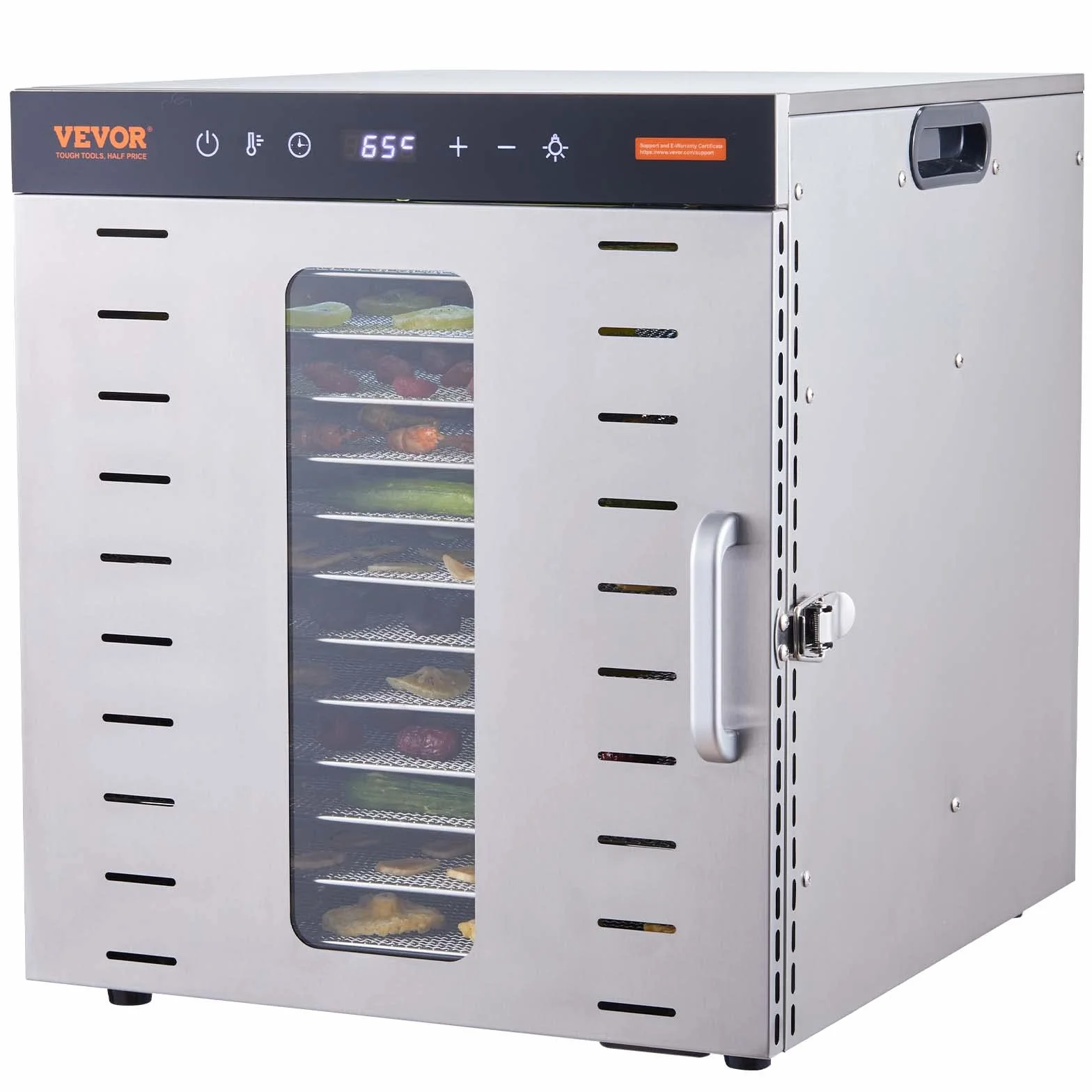 VEVOR Maszyna do odwadniania żywności 10 tacek ze stali nierdzewnej 1000 W Regulowana temperatura 30-90 °C Timer 0,5-48 h