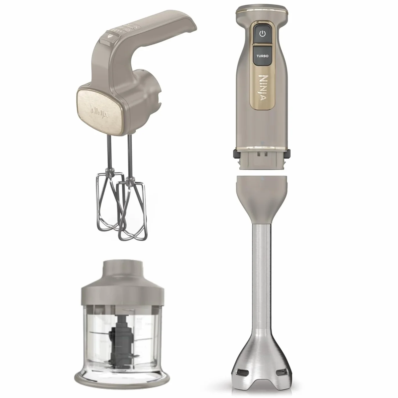 Ninja Foodi blender 3w1 blender ręczny, mikser ręczny i siekacz ręczny, powolny start, 2 prędkości mieszania i 5 rozdrabniania, miksowania, wyrabiania, 850 W, kamienne złoto CI100EUSTGD
