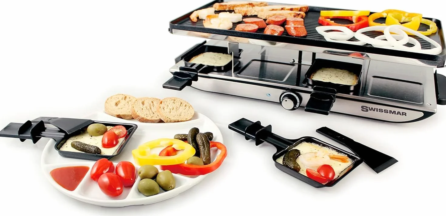 Swissmar Geneva Raclette 8-osobowy grill raclette 1400 W płyta grillowa z odlewu aluminiowego z powłoką zapobiegającą przywieraniu