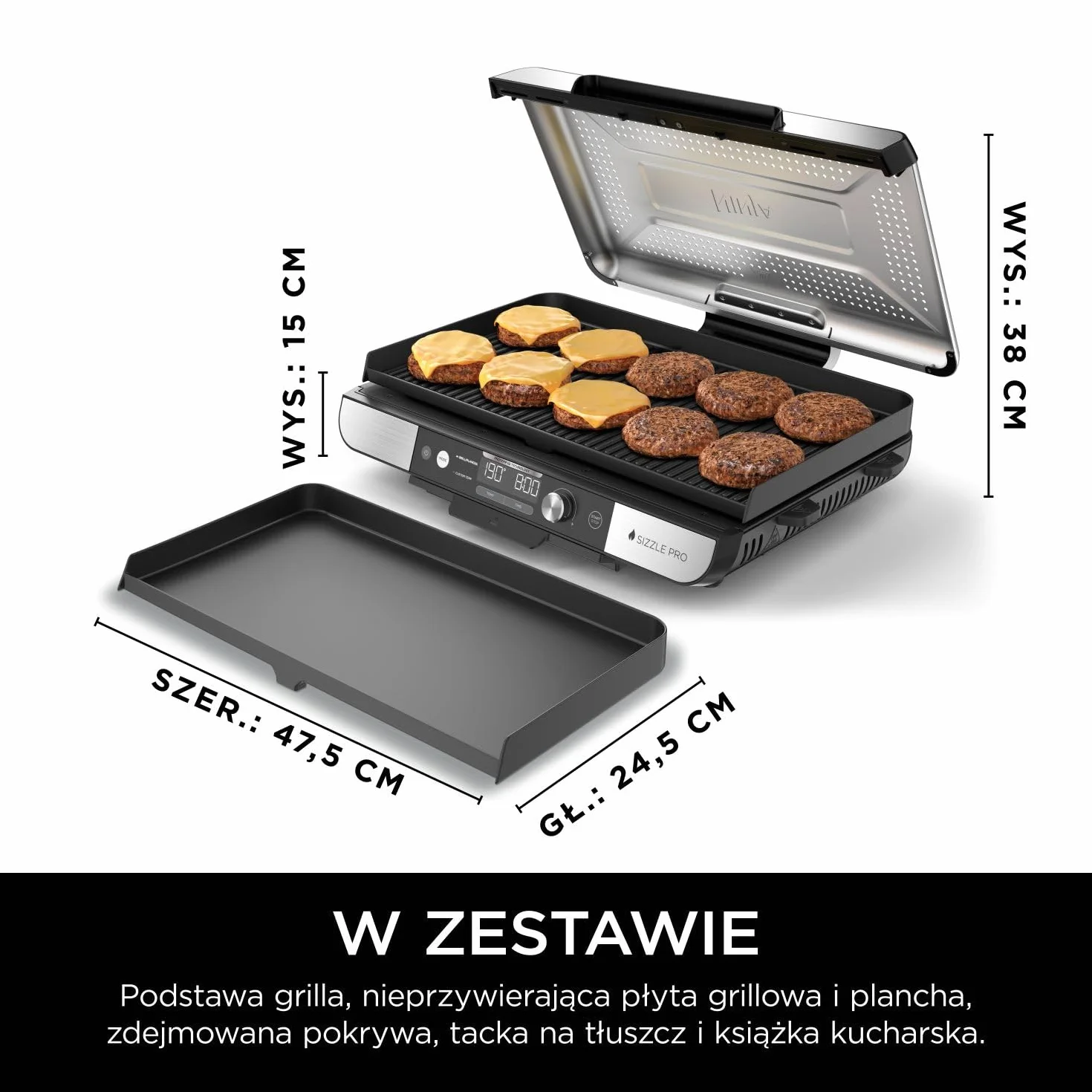 Ninja Sizzle Pro XL Grill z płytą płaską ma płytę grillową z nieprzywierającą powłoką ceramiczną i płaską płytę górną, zdejmowaną pokrywę, tackę na tłuszcz i książkę kucharską, srebrny/czarny GX101EU