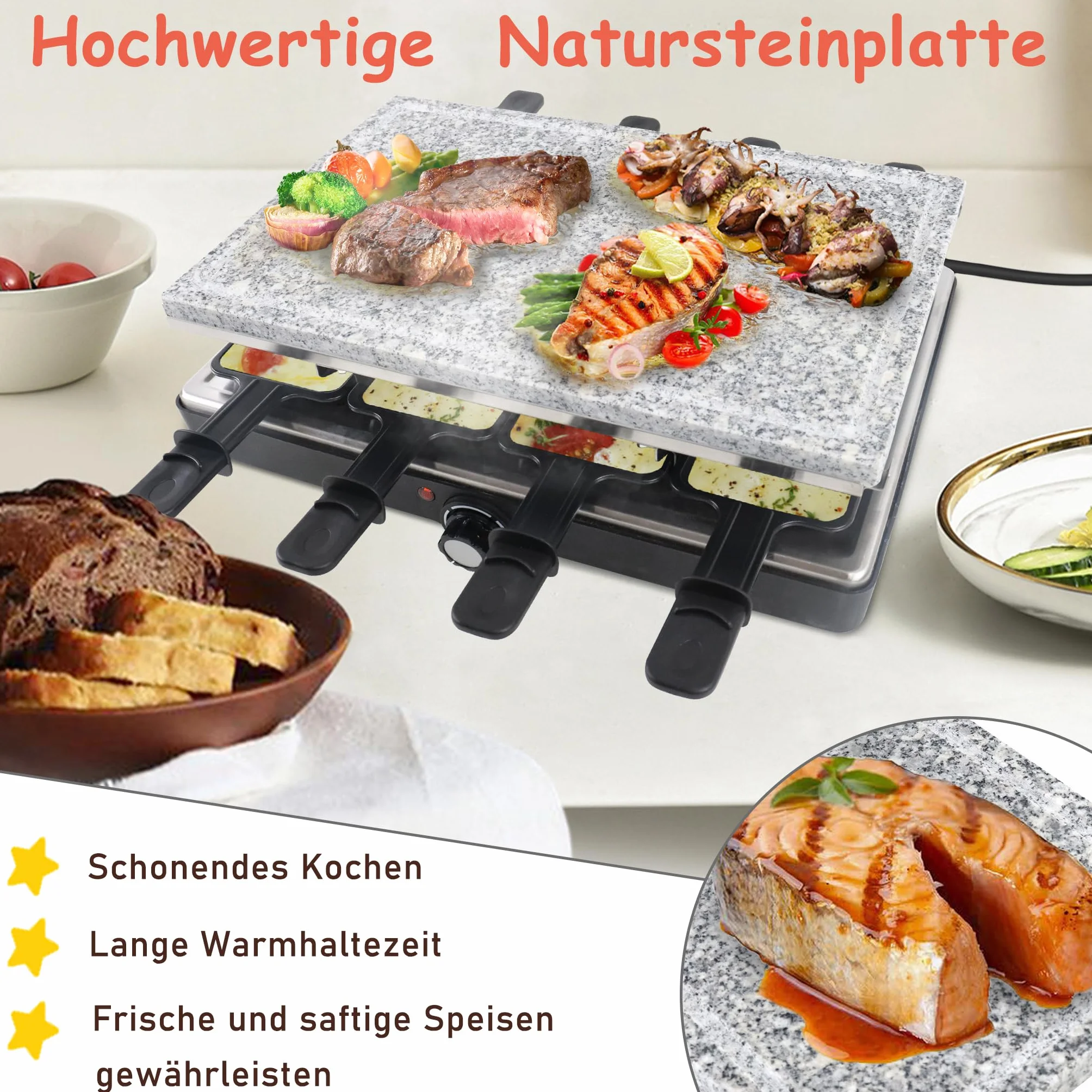 YRHome Grill Raclette 1500 W dla 8 Osób z Płytą Kamienną i Grillową, 8 Patelni, Bezstopniowa Regulacja Temperatury