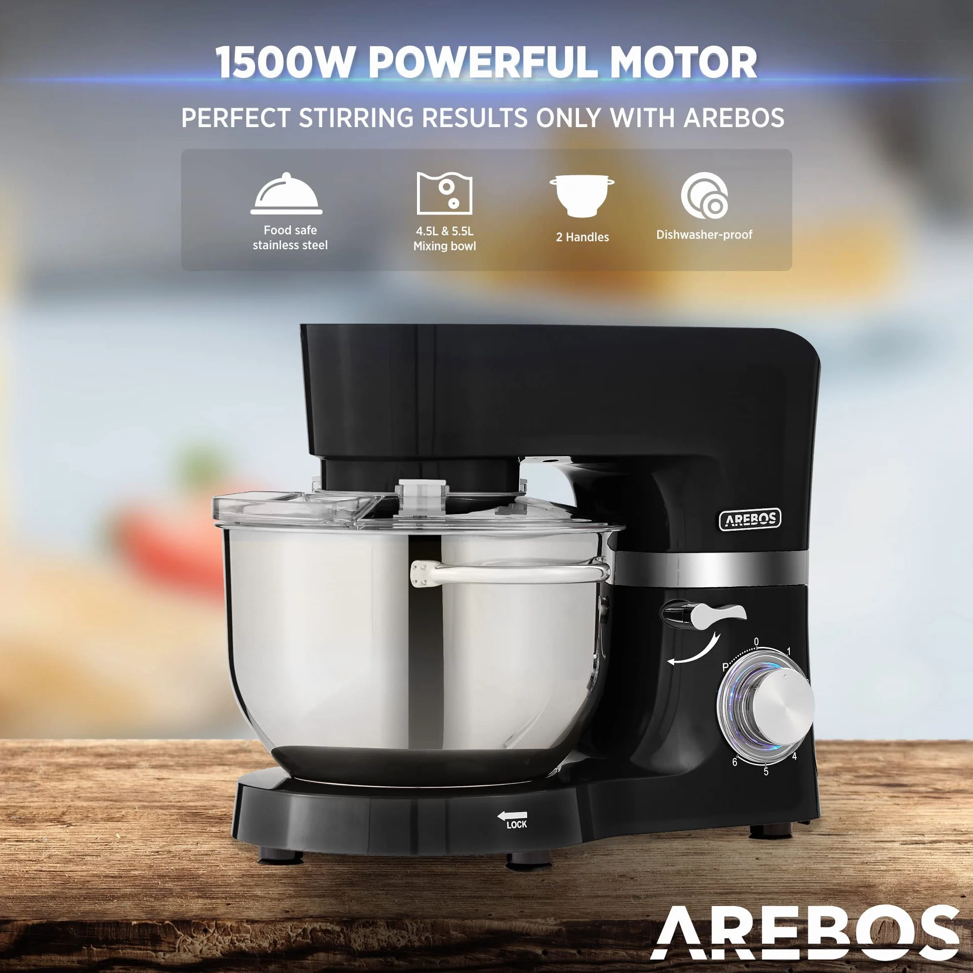 Arebos Profesjonalny robot cukierniczy 1500W | Czarny | Wielofunkcyjny robot kuchenny z trzepaczką, ubijaczką i haczykiem | Z 2 miskami ze stali nierdzewnej | 6 prędkości | Funkcja impulsu
