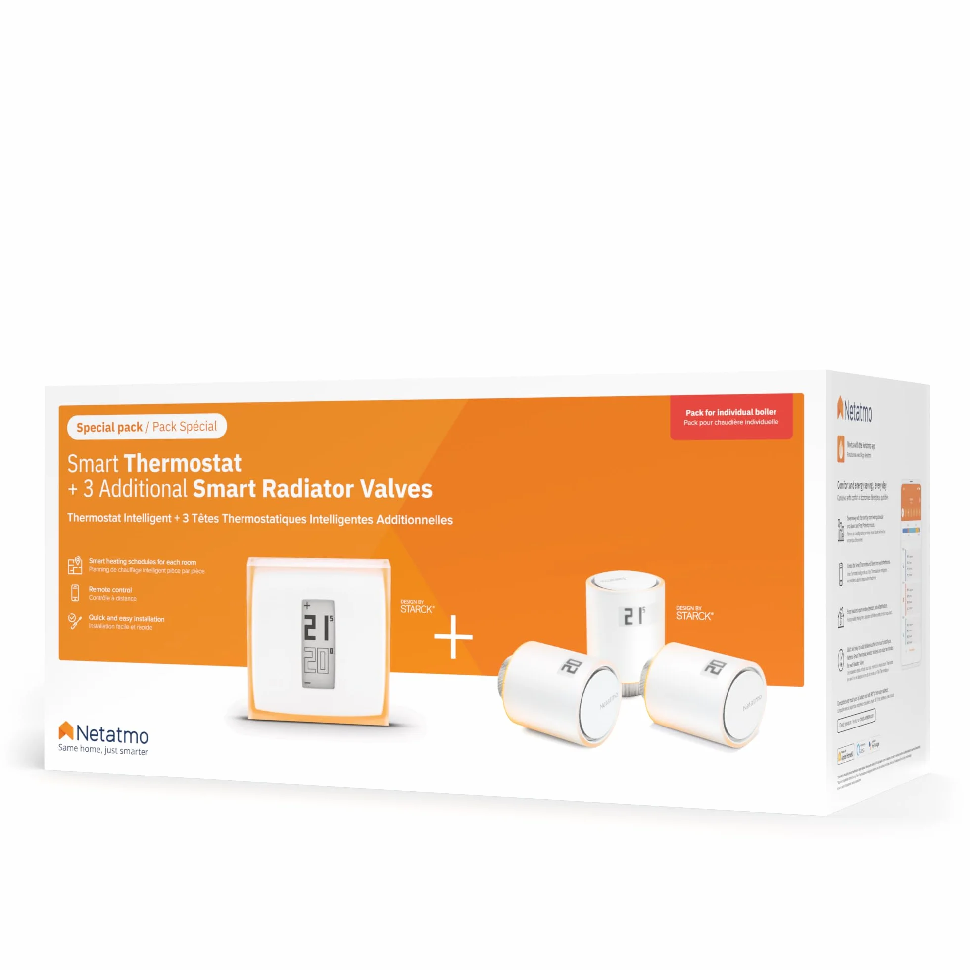 Inteligentny termostat Netatmo + 3 inteligentne głowice termostatyczne, WiFi, zdalne sterowanie za pośrednictwem aplikacji, kompatybilne z indywidualnym ogrzewaniem, NBU-NTH-Nav-EU.