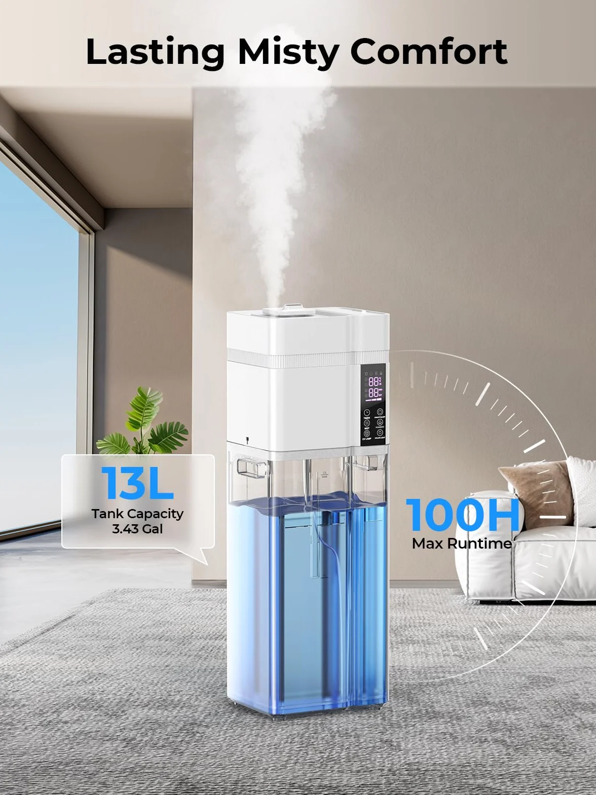 Nawilżacz 13L/53,4 cala do dużego pokoju, 74,3 m² zasięgu, 100 godzin pracy, automatyczna regulacja wilgotności, uzupełnianie z góry, nawilżacze do sypialni, 35 dB cichy, tryb snu, dyfuzor zapachowy