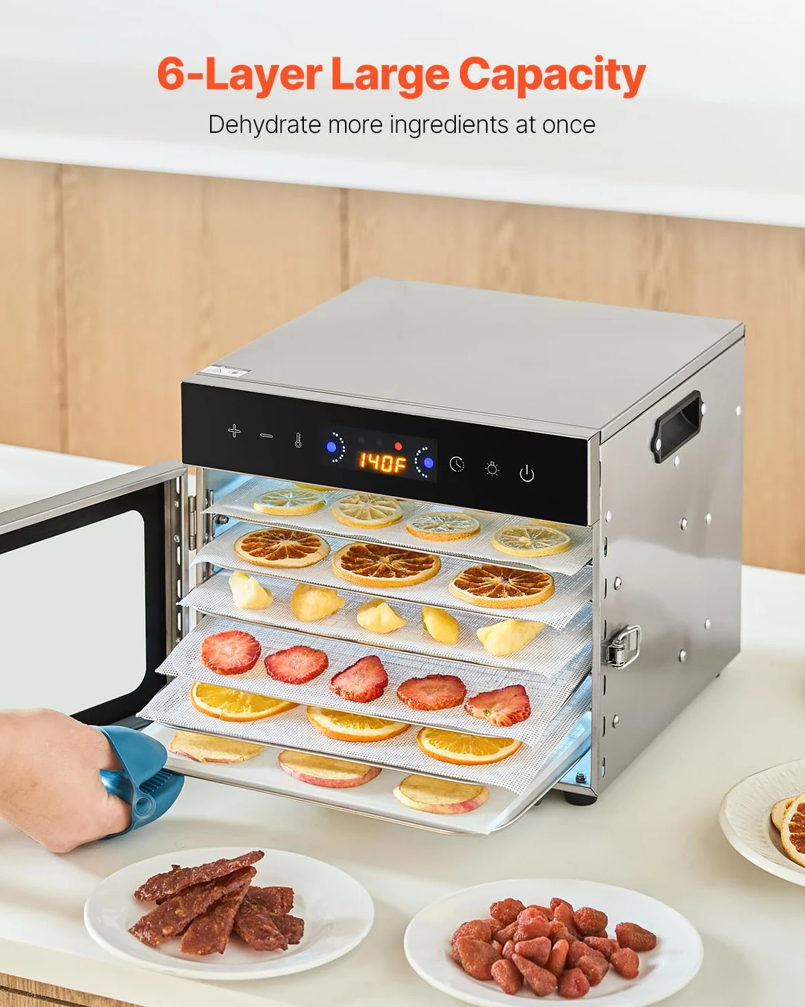 VEVOR Odwadniacz żywności 6 tacek ze stali nierdzewnej, elektryczna suszarka do żywności 400 W regulowana temperatura zegara, liofilizator do suszonego mięsa, owoców, warzyw, ziół