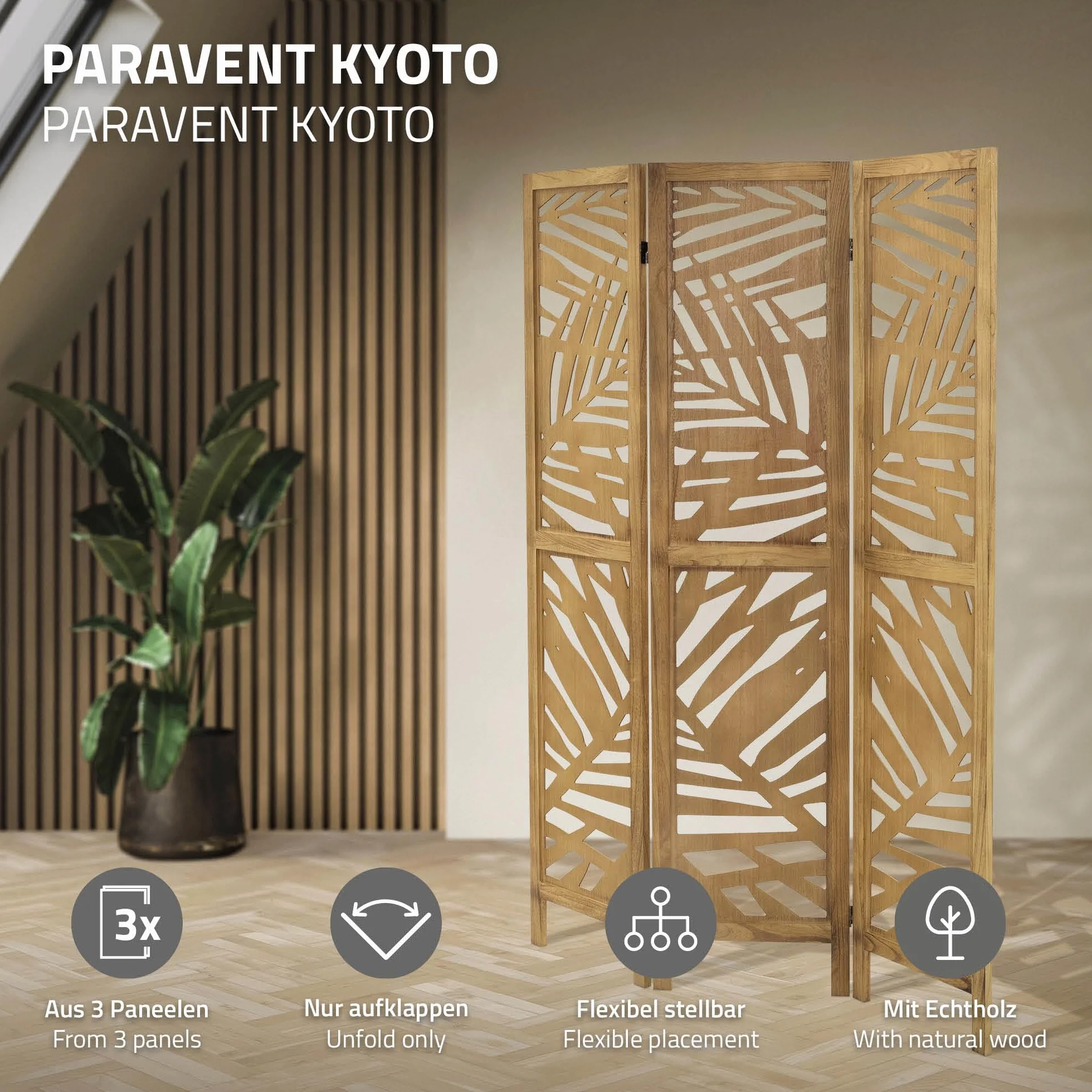 ML-Design Parawan 3-czesciowy Kioto naturalny 170x121 cm Drewniany Skladany Parawan Pokojowy Wolnostojacy Scianka Dzialowa Ekran Prywatnosci Do Przebieralni I Sypialni Panel Oslona Przestrzeni