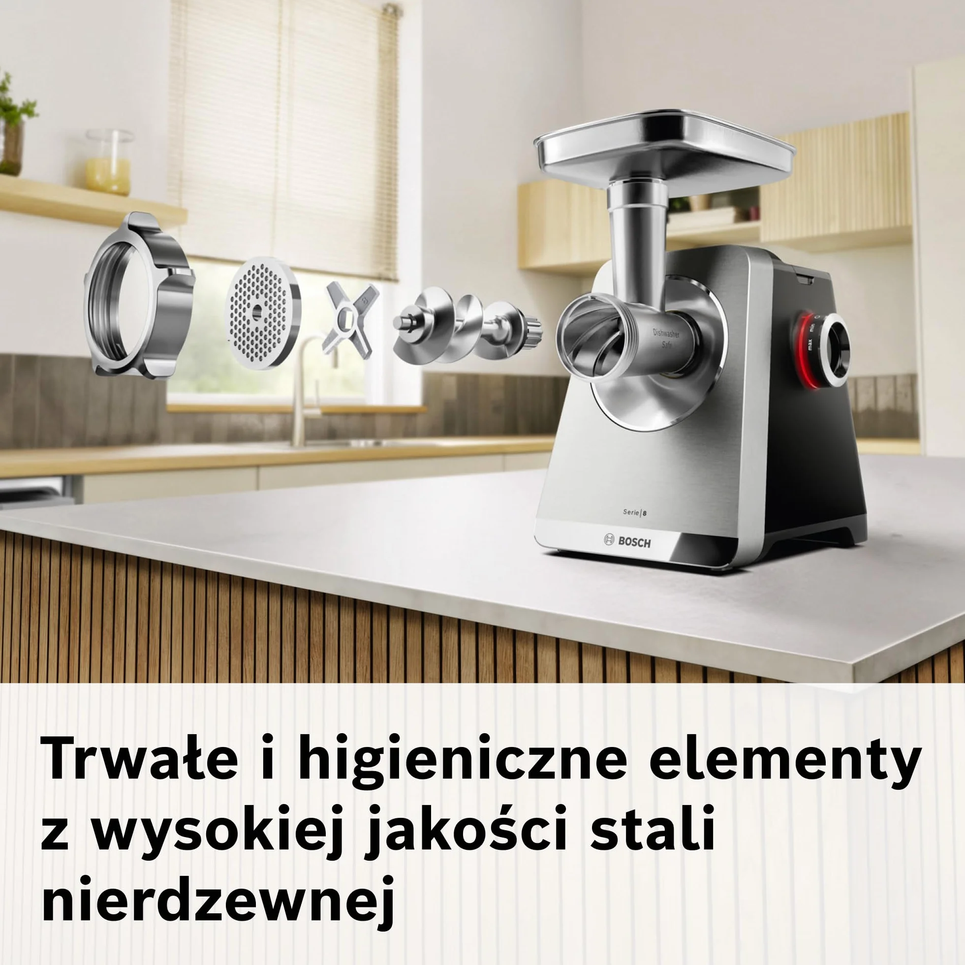 Bosch MultiPower Serie 8, maszynka do mielenia mięsa, moc blokowania silnika do 2500 W, młynek do mięsa, szatkownica, nasadka do kiełbas i kebbe, czarna, MFWS840M