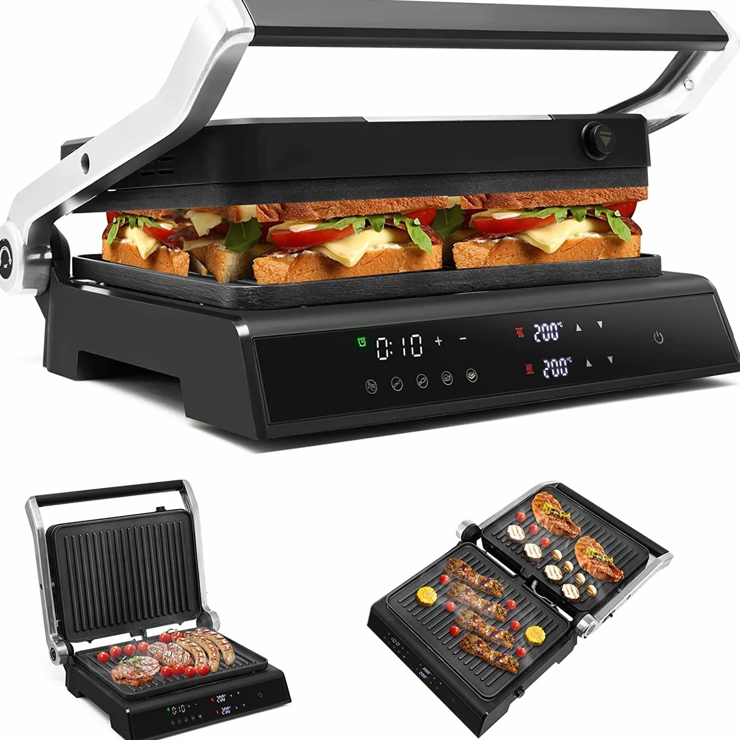 COSTWAY Opiekacz do kanapek 3 w 1, grill kontaktowy 1800 W, gofrownica, 2 wyjmowane płyty nieprzywierające, niezależne i dokładne ustawienie temperatury, 90°C - 230°C, akcesoria łatwe do czyszczenia