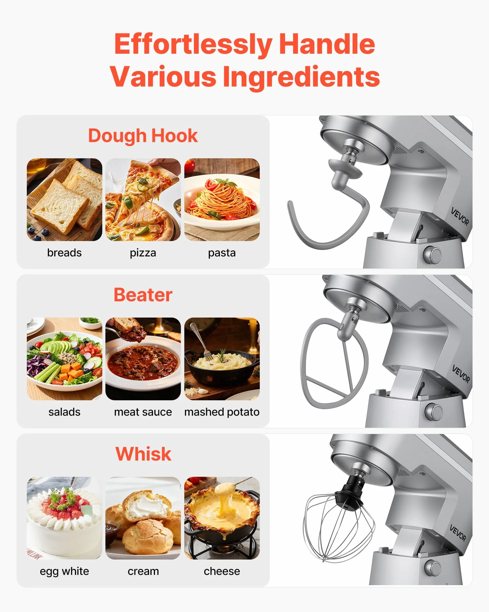 VEVOR Regulowany blender stojący robot kuchenny 1500 W 5,7 l stal nierdzewna 10 prędkości