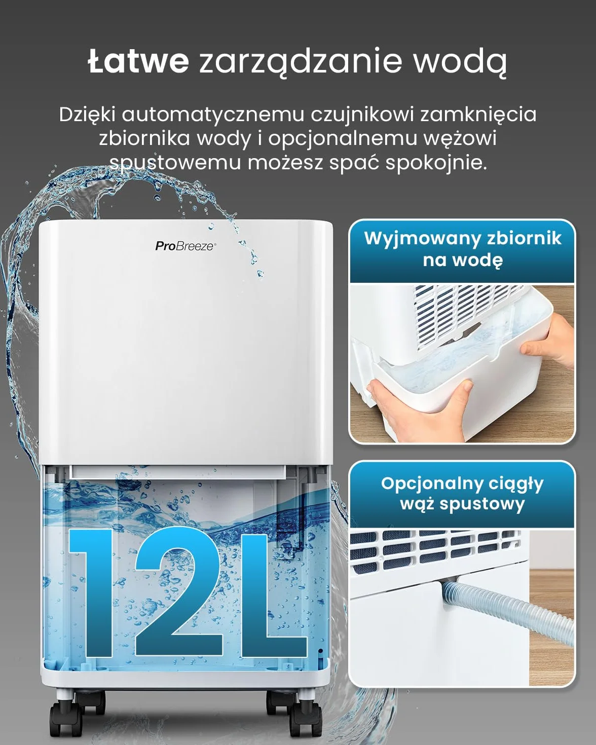Osuszacz powietrza Pro Breeze 12 L z kompresorem, zbiornikiem 2 L, funkcją suszenia prania i automatycznym czujnikiem wilgotności, timer 24 h