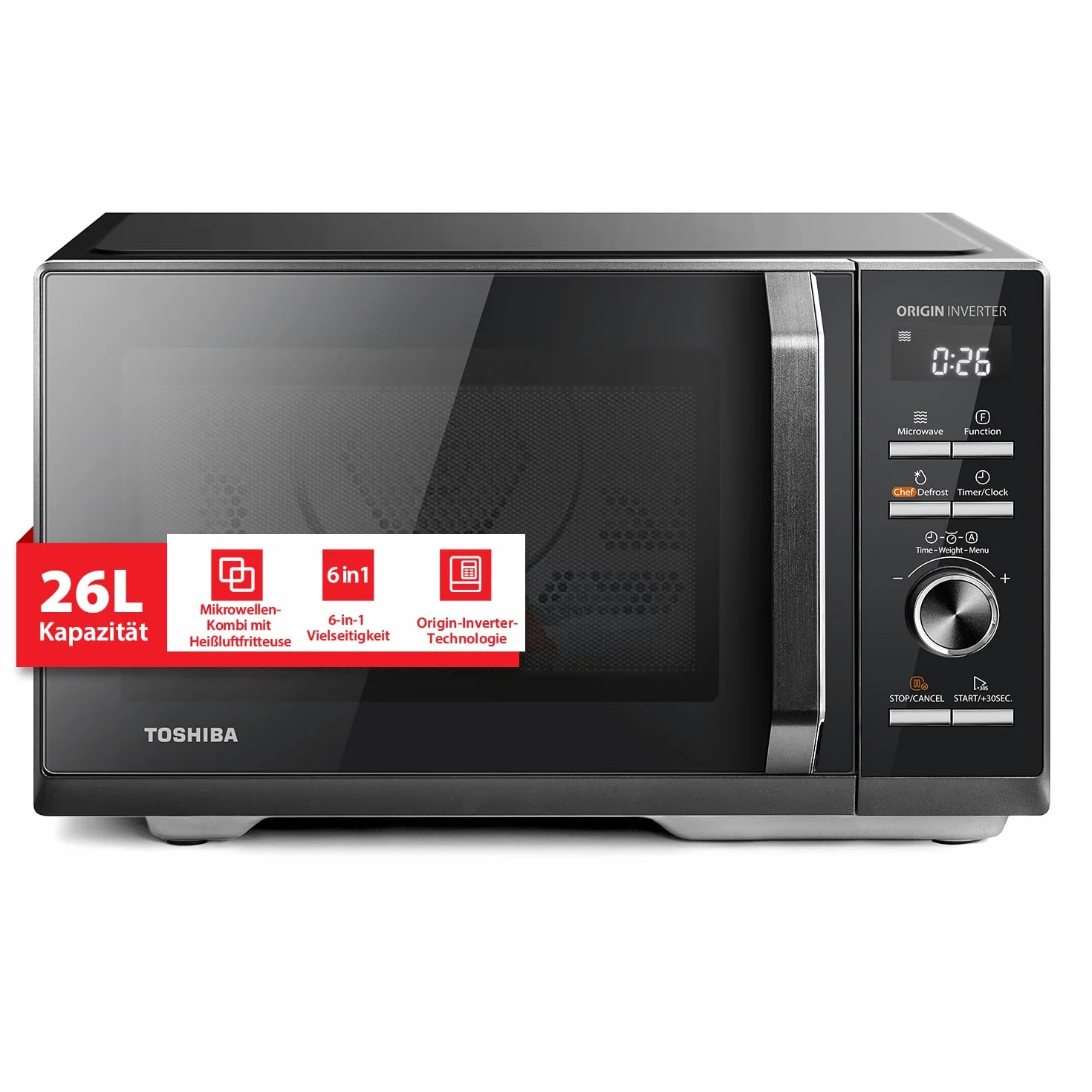 Toshiba Kuchenka mikrofalowa kombinowana 6 w 1 z AirFry, 26 litrów, szef kuchni, gotowanie na parze, 10 poziomów mocy, automatyczne menu, kuchenka mikrofalowa 900 W, grill 1000 W, czarny/MW3-AC26SFI