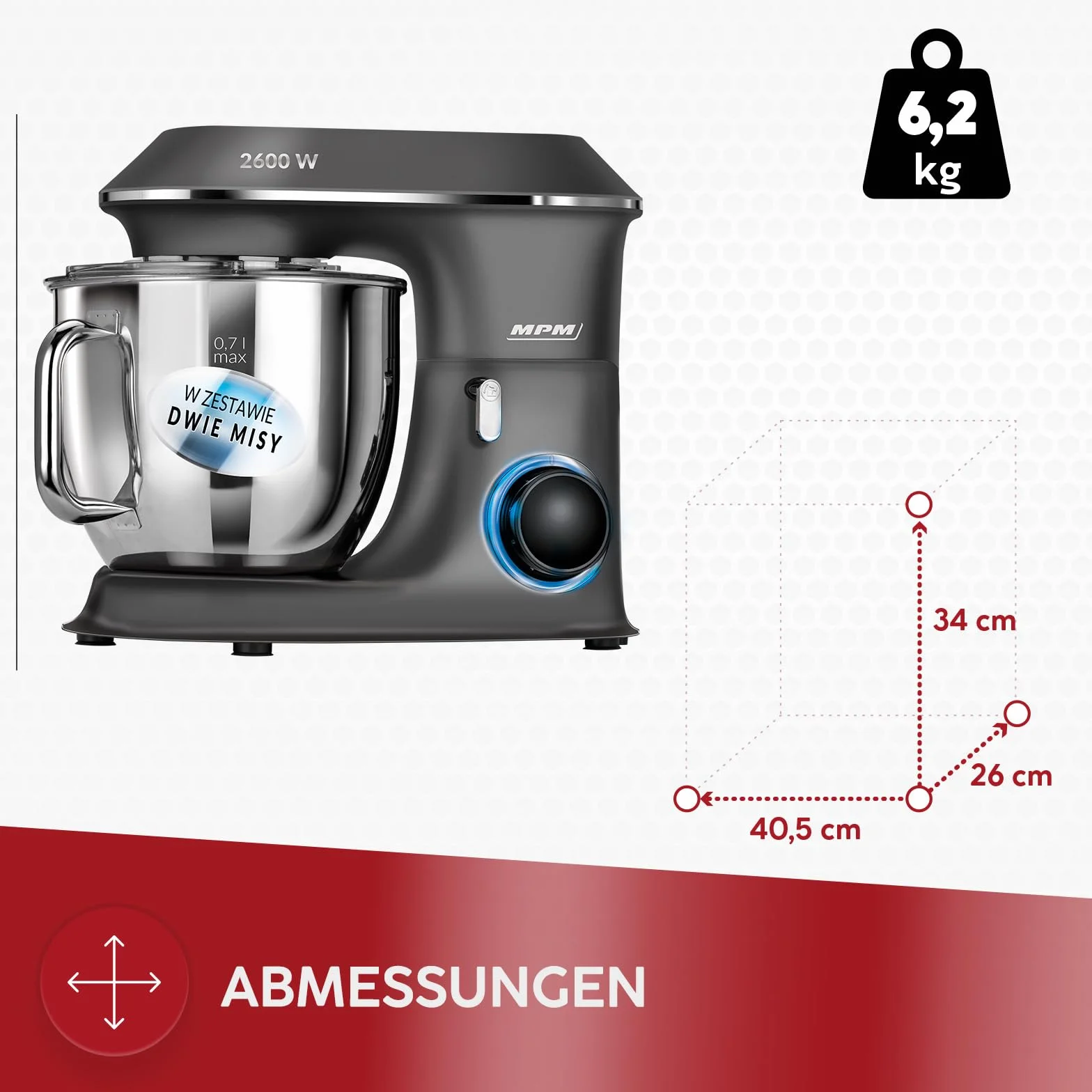 MPM Planetarny robot kuchenny z akcesoriami, mikser kuchenny z dwiema miseczkami do mieszania 7 l, robot kuchenny, 2600 W, antracyt