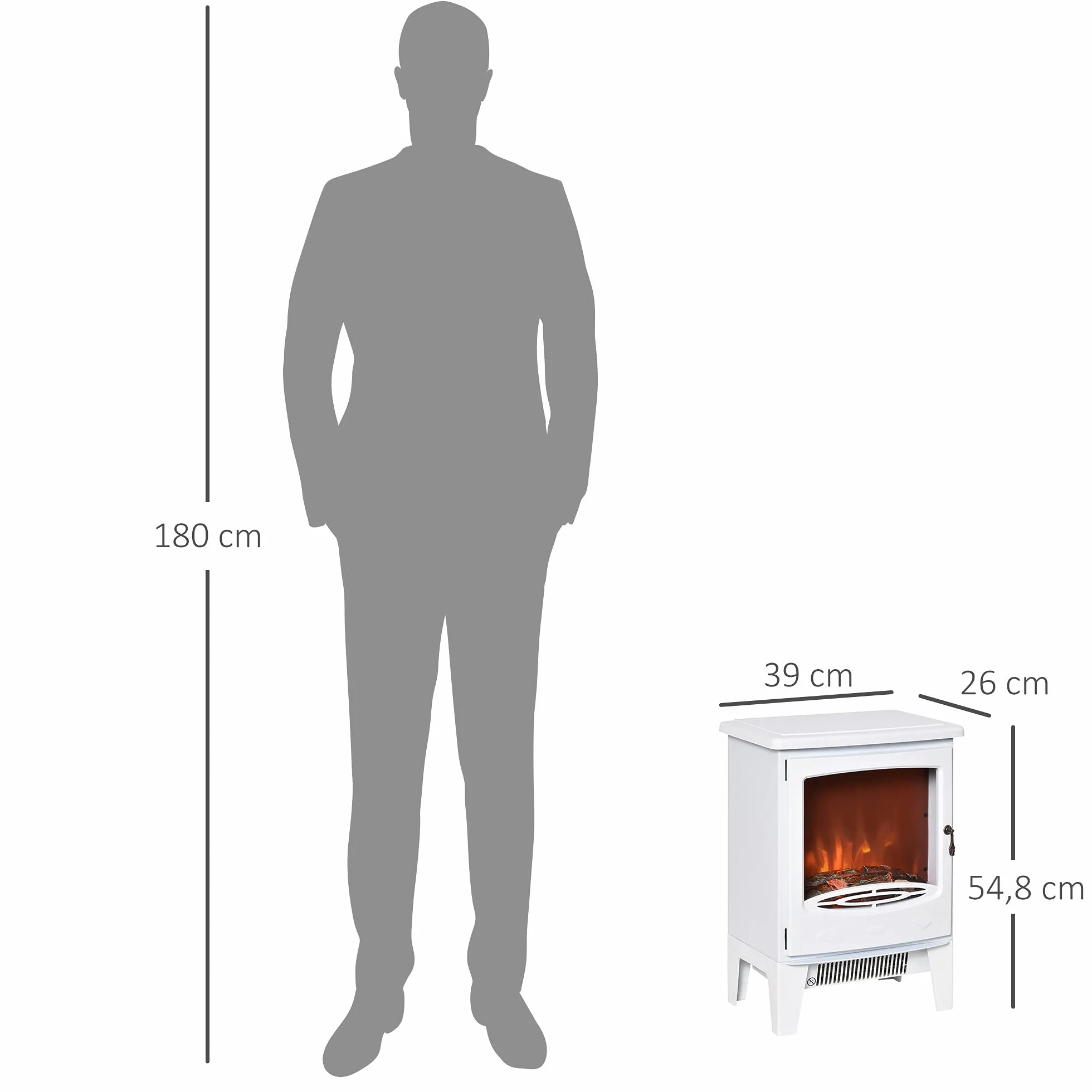 HOMCOM kominek elektryczny LED kominek podłogowy piecyk kominkowy z efektem płomienia 900/1800 W metal tworzywo sztuczne ABS szkło kolor biały 39 x 26 x 54,8 cm