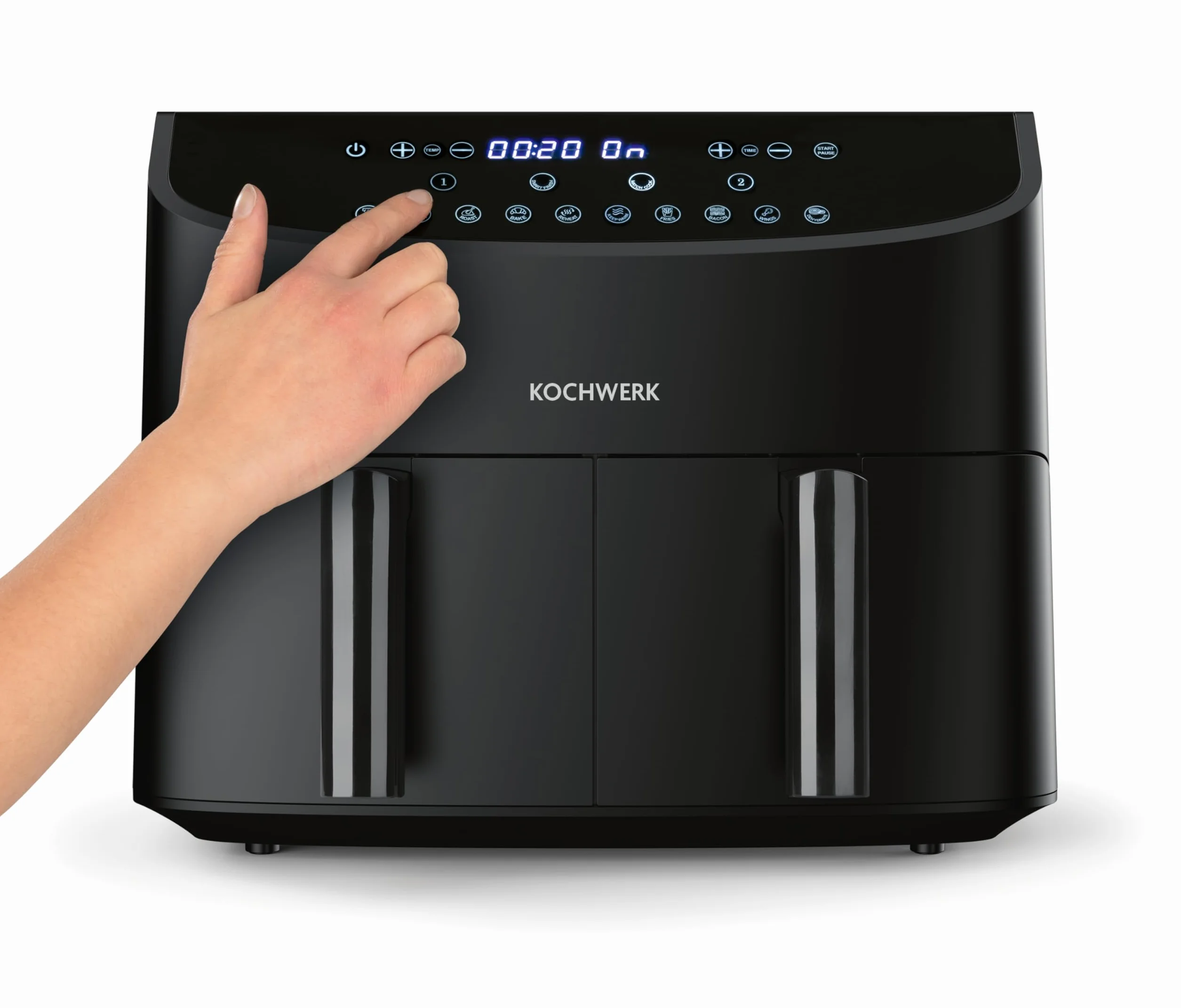 Rachs KOCHWERK frytkownica na gorące powietrze, z podwójną komorą, 7 l, cyfrowa frytkownica ze stali nierdzewnej z ekranem dotykowym, 10 programów i 2 komory 3,5 l, smażenie potraw bez oleju –