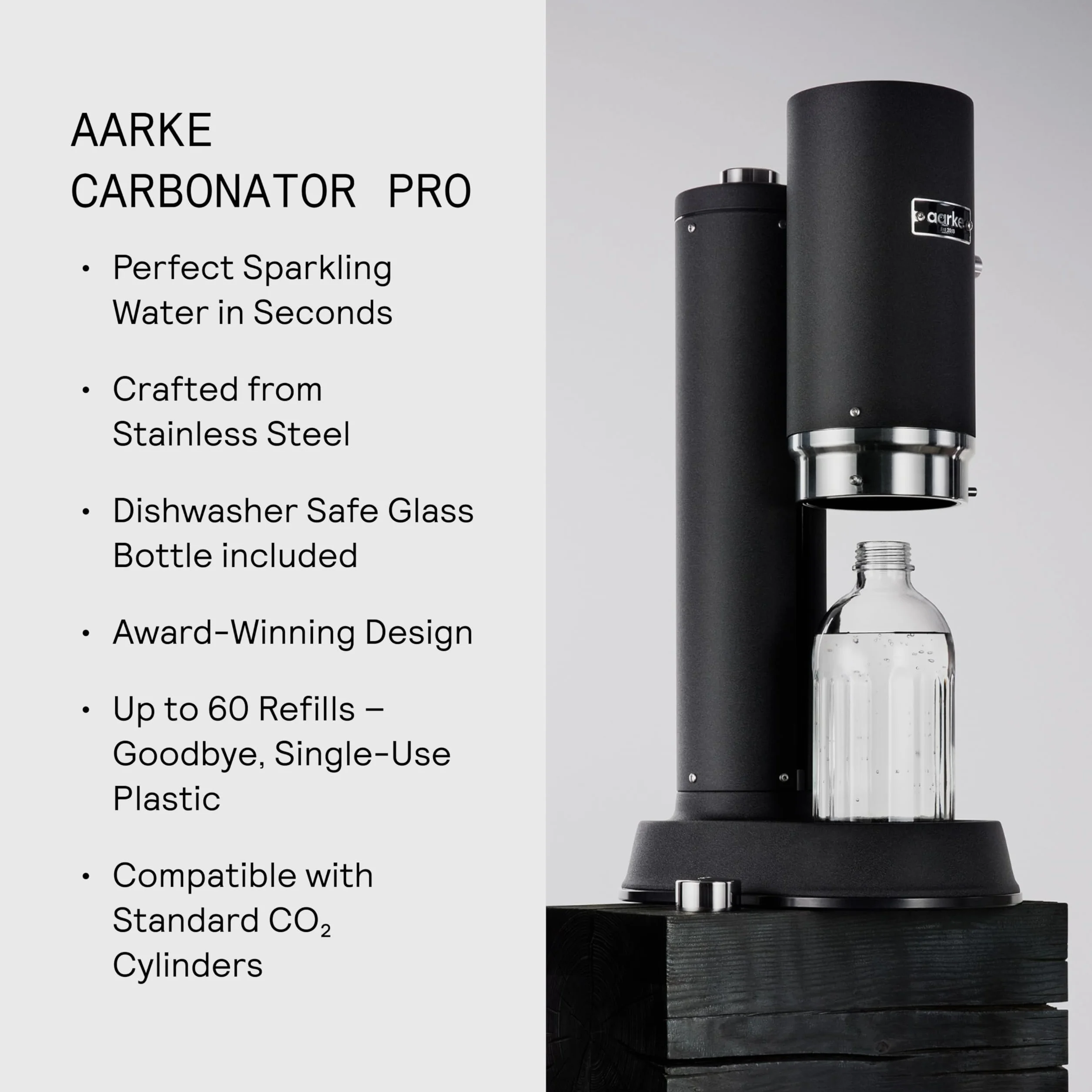 Aarke Carbonator Pro, Saturator do Wody ze Szklaną Butelką, Wykończenie Czarne Matowe
