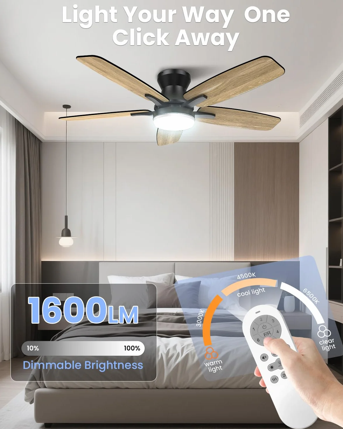Airwit Wentylator sufitowy 106 cm z dwustronnym światłem, regulowany wentylator sufitowy z pilotem zdalnego sterowania i odwracalnym silnikiem prądu stałego, do sypialni, salonu, 6 prędkości