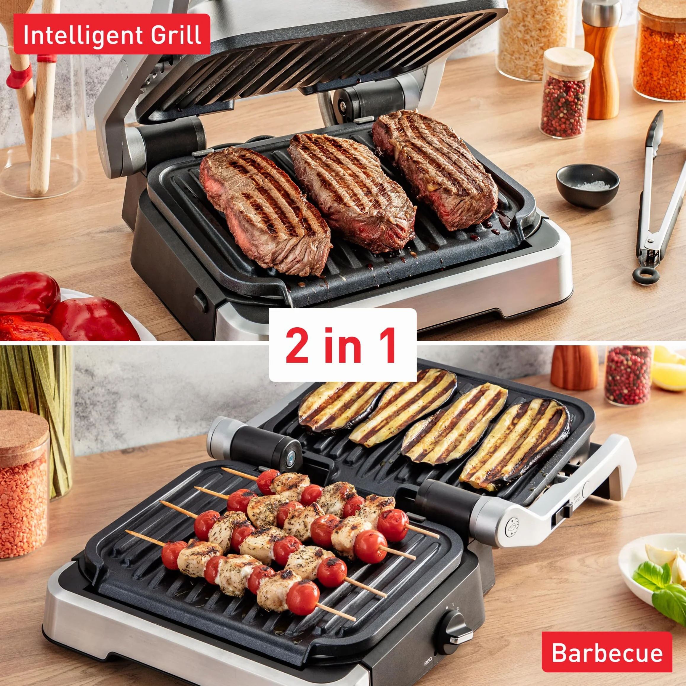 TEFAL GC773D OptiGrill 2w1 Grill Kontaktowy, Składany, Grill Stołowy, 9 Programów, Wskaźnik Poziomu Gotowania, Szczypce, Zdejmowane Płyty