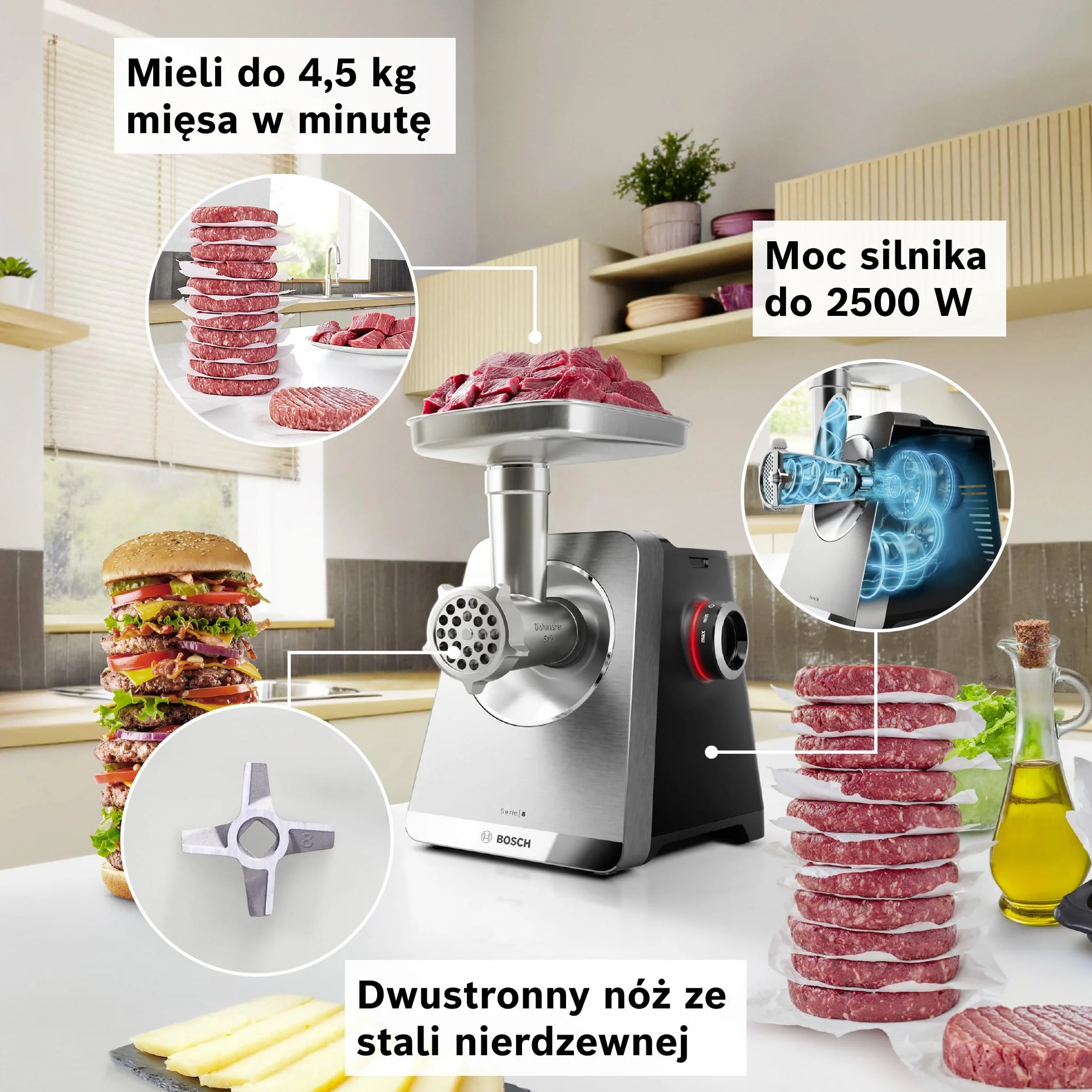 Bosch MultiPower Serie 8, maszynka do mielenia mięsa, moc blokowania silnika do 2500 W, młynek do mięsa, szatkownica, nasadka do kiełbas i kebbe, czarna, MFWS840M