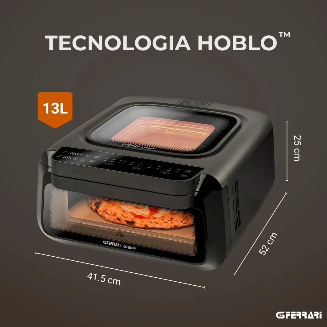 G3 Ferrari Krispy G10225 piec do pizzy i frytkownica beztłuszczowa, wielofunkcyjny, 2100 W, 13 l, technologia HOBLO, wyświetlacz Soft-Touch z 18 programami, do 380°C, akcesoria w zestawie, czarny
