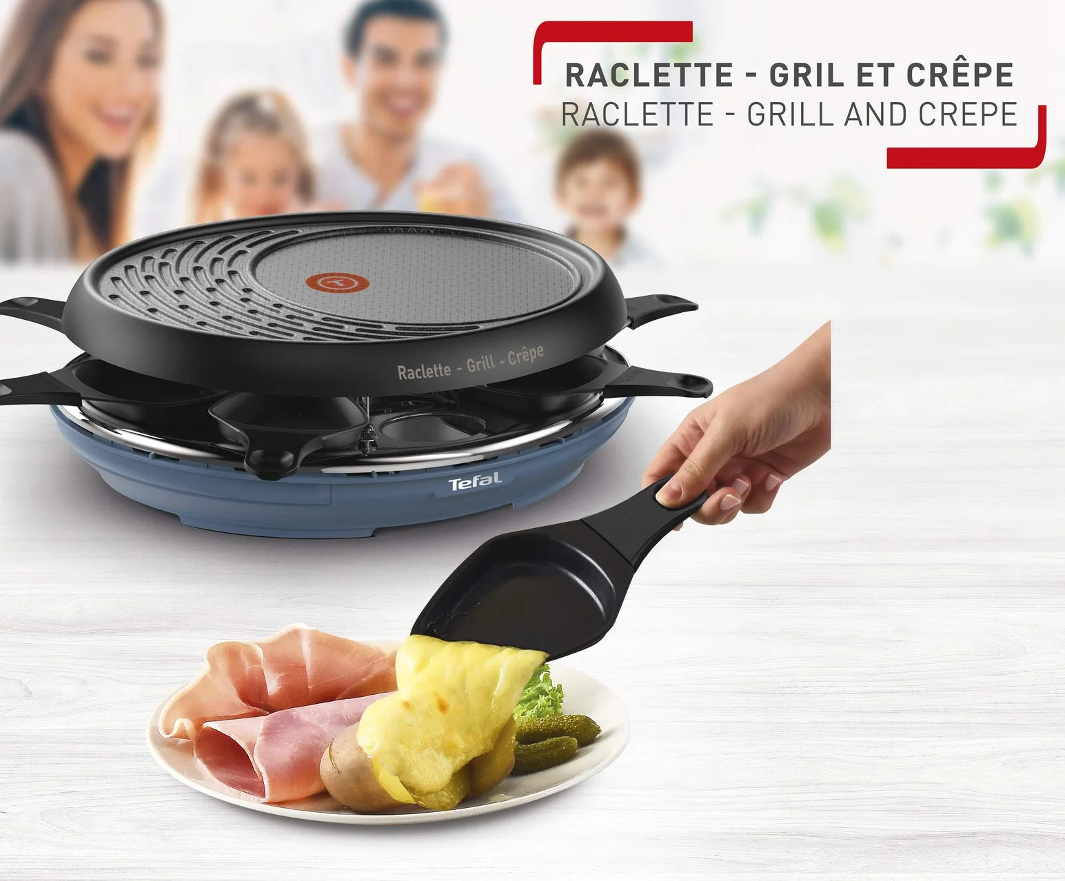 Tefal Raclette Colormania 3 w 1 Urządzenie do Raclette 1050 W, 8 Miseczek, Niebieska Stal