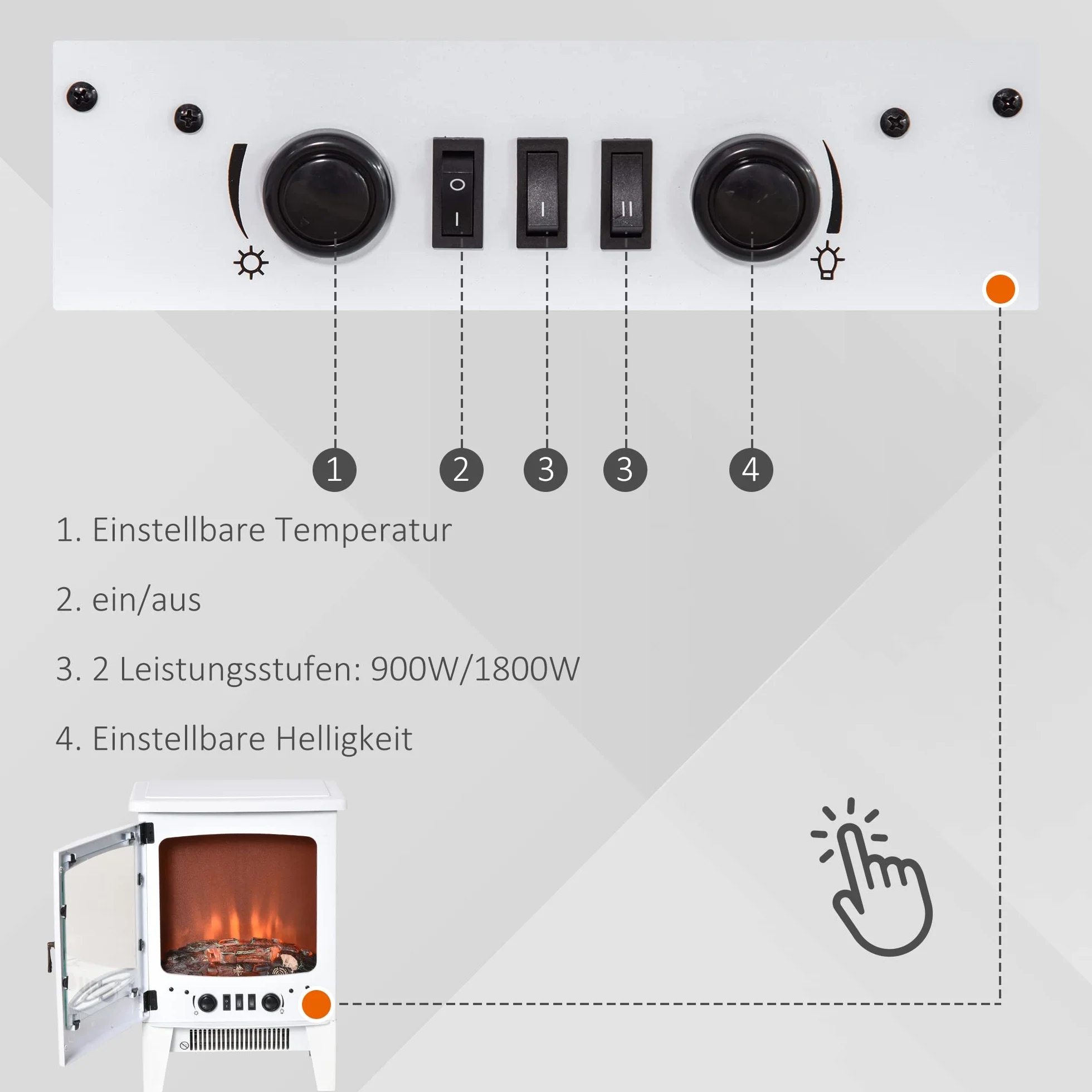HOMCOM kominek elektryczny LED kominek podłogowy piecyk kominkowy z efektem płomienia 900/1800 W metal tworzywo sztuczne ABS szkło kolor biały 39 x 26 x 54,8 cm