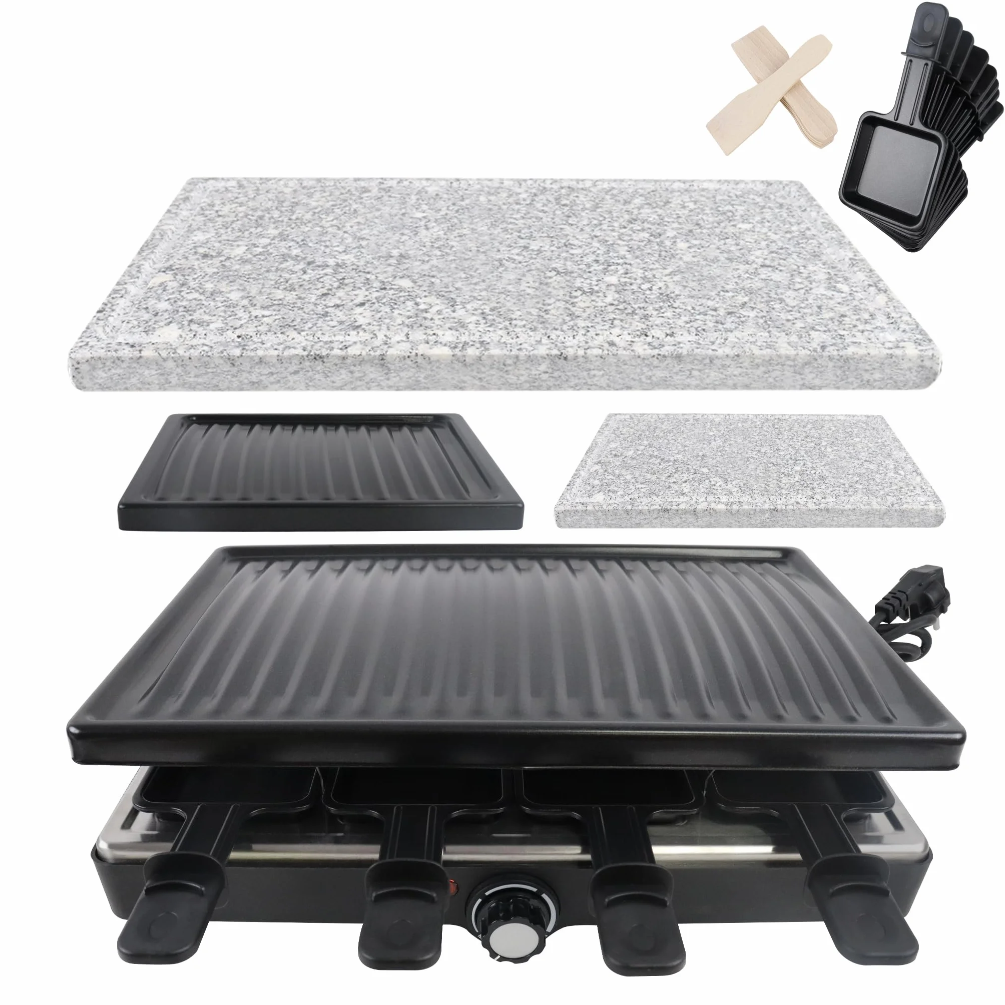 Raclette grill stołowy dla 8 osób, elektryczny, płyta granitowa, zestaw 8 patelenek
