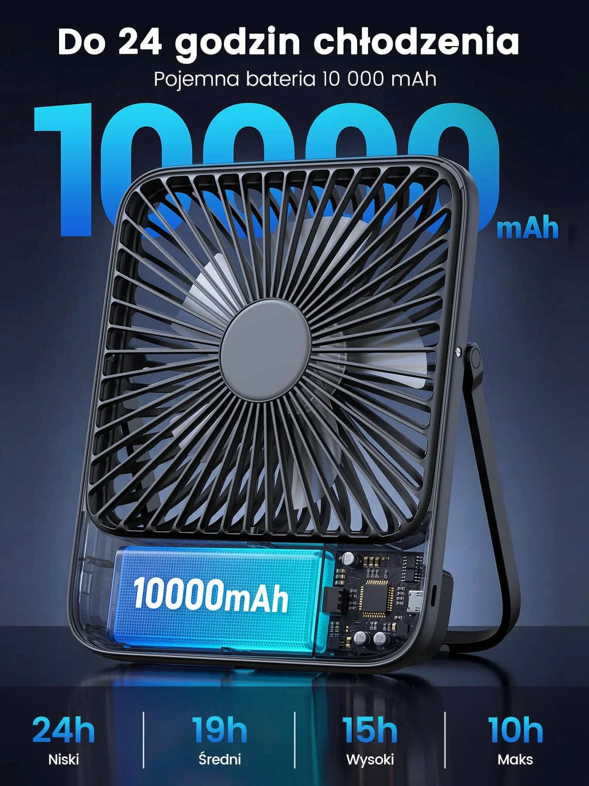 Warmco Wentylator Przenośny 10000mAh Wysokość 21 cm, Max 24h Pracy, Cichy Akumulatorowy Wiatrak Biurkowy z Wyświetlaczem Cyfrowym do Kempingu, Biura, Sypialni