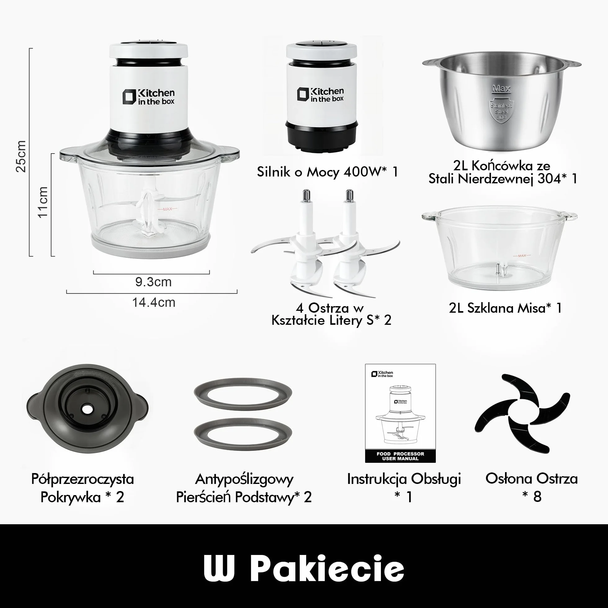 Kitchen in the Box Elektryczna Rozdrabniacz Kuchenny,400W Elektryczna Maszynka do Mięsa z 2 Miskami (2L+2L) i 2 Podwójnymi Ostrza,Wielofunkcyjny Rozdrabniacz do Warzyw/Cebuli/Owoców/Żywność Dziecięca