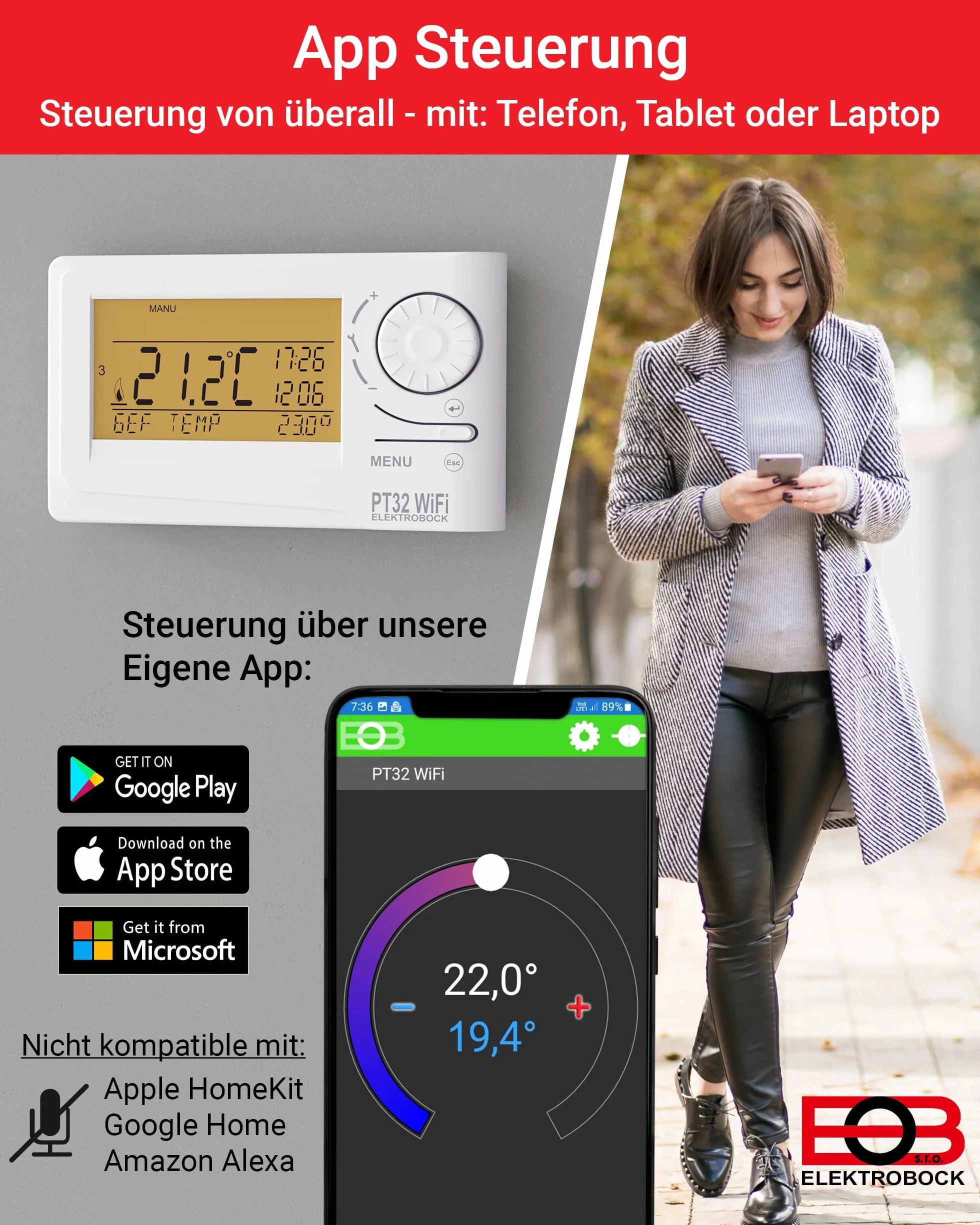 Elektrobock Termostat pokojowy z modułem WiFi, biały, normalny, PT32 WiFi