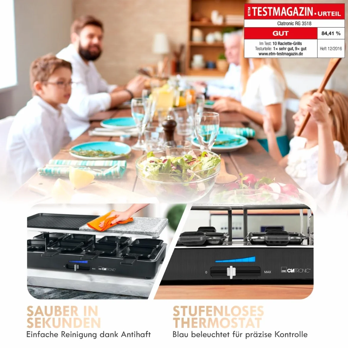 Clatronic RG 3518 Grill Raclette z Gorącym Kamieniem, Dwustronna Płyta, Czarny