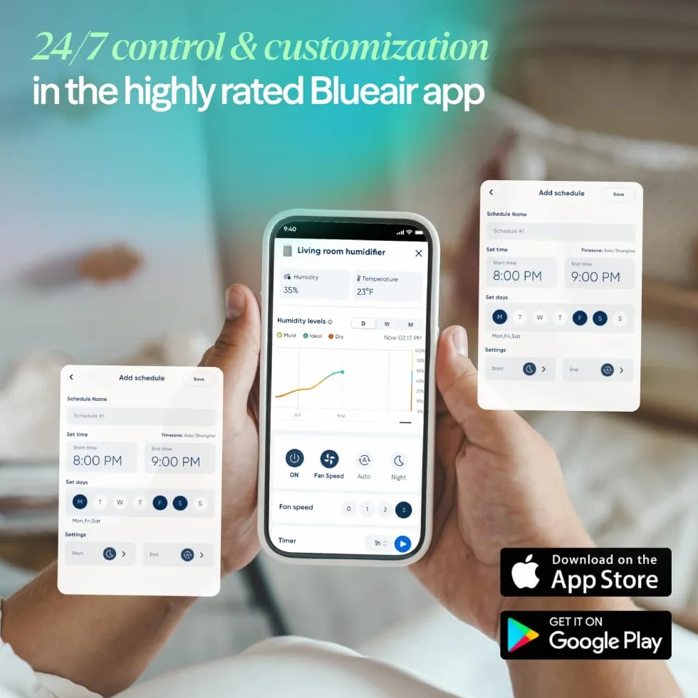 Blueair Premium Inteligentny Nawilżacz 3,5 L Technologia Parowania Tryb Automatyczny i Nocny