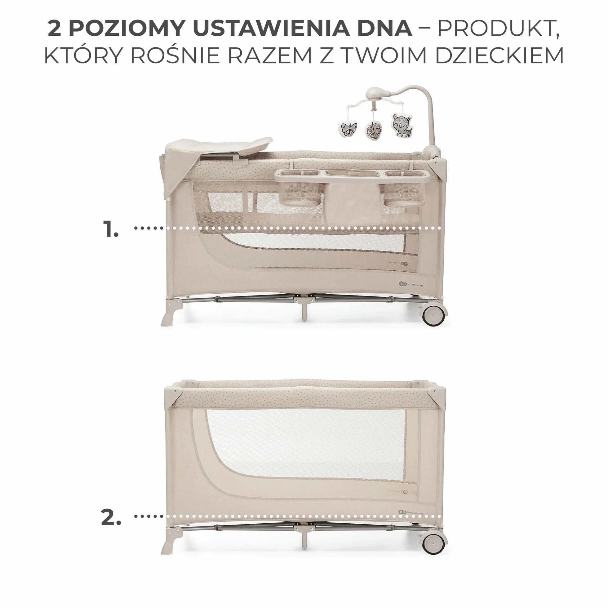 Kinderkraft JOY ACC 2 Łóżeczko turystyczne 3 w 1, Boczne wejście, Beżowy