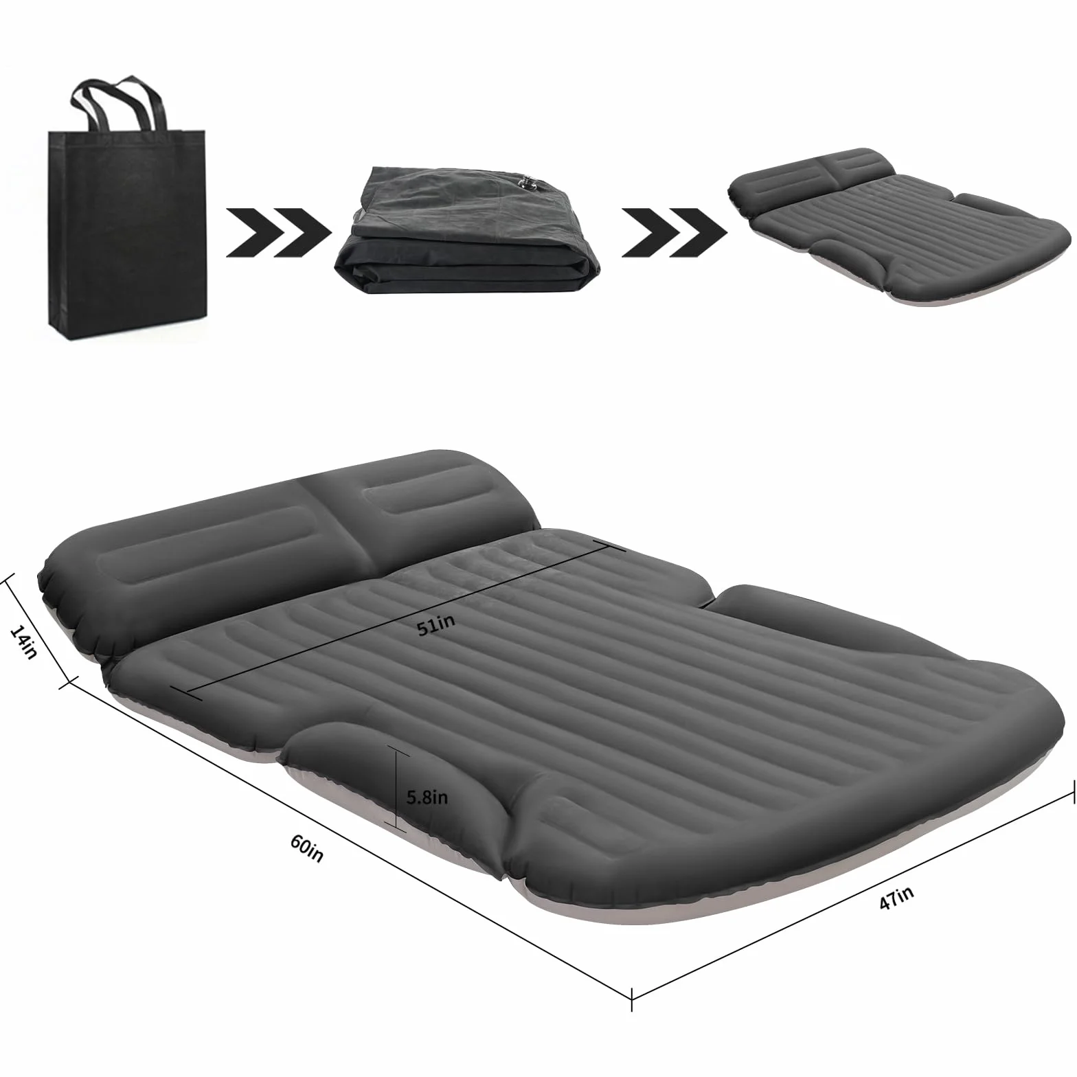 KMZ Materac dmuchany, pogrubiony i dwustronny, flokowany, do SUV, materac kempingowy z 2 nadmuchiwanymi poduszkami, kolor ciemnoszary