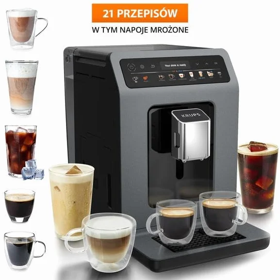Krups EA898GF0 Evidence Hot & Cold, automatyczny ekspres do kawy ziarna, 18 gorących i zimnych przepisów, espresso, cappuccino One Touch, intuicyjny interfejs, szary