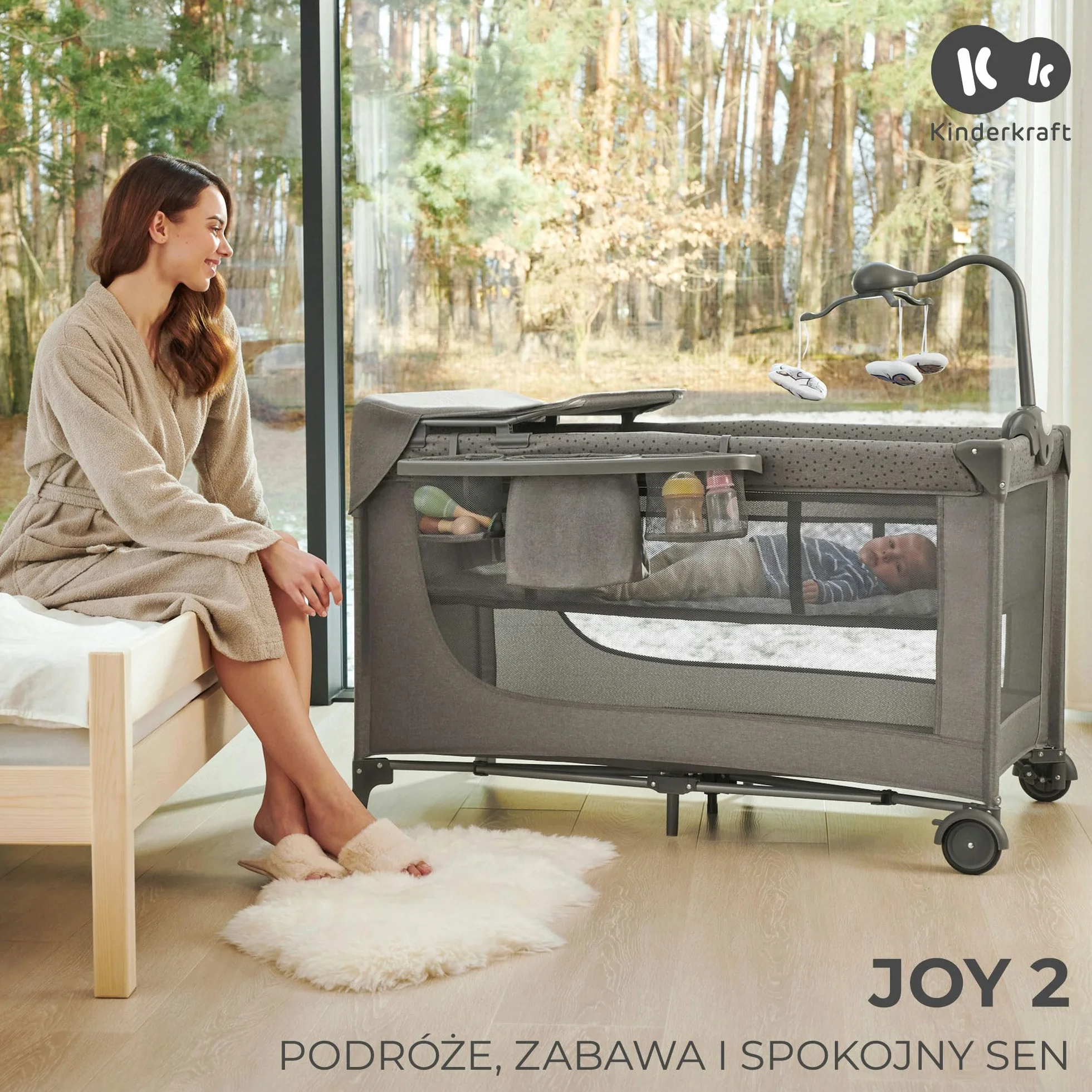 Kinderkraft JOY ACC 2 Łóżeczko turystyczne 3 w 1, Boczne wejście, Beżowy