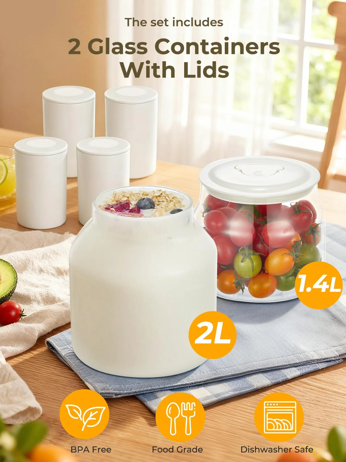 FOHERE Jogurtownica 2 Szklane Pojemniki 2000 ml 1400 ml 4 Ceramiczne Kubki 125 ml 8 Programów Urządzenie Do Jogurtu Greckiego
